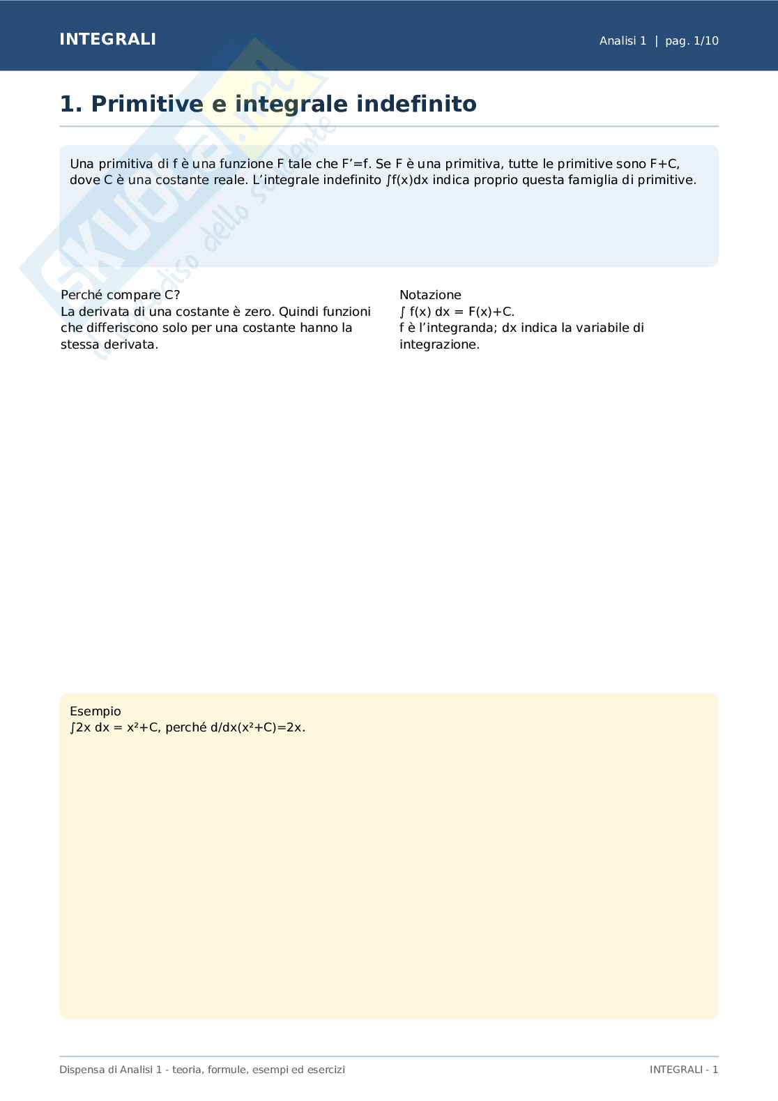 Analisi 1 - Primitive e integrale indefinito Pag. 1