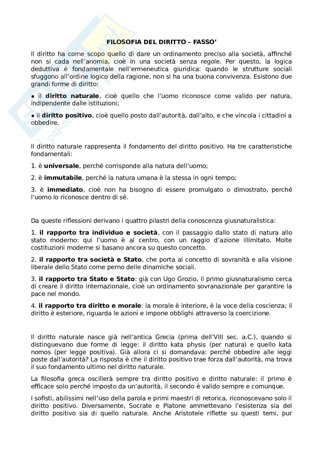 Riassunto esame Filosofia del diritto, Prof. Zavatta Laura Anita Santa, libro consigliato Storia della filosofia del diritto, Fassò Pag. 1