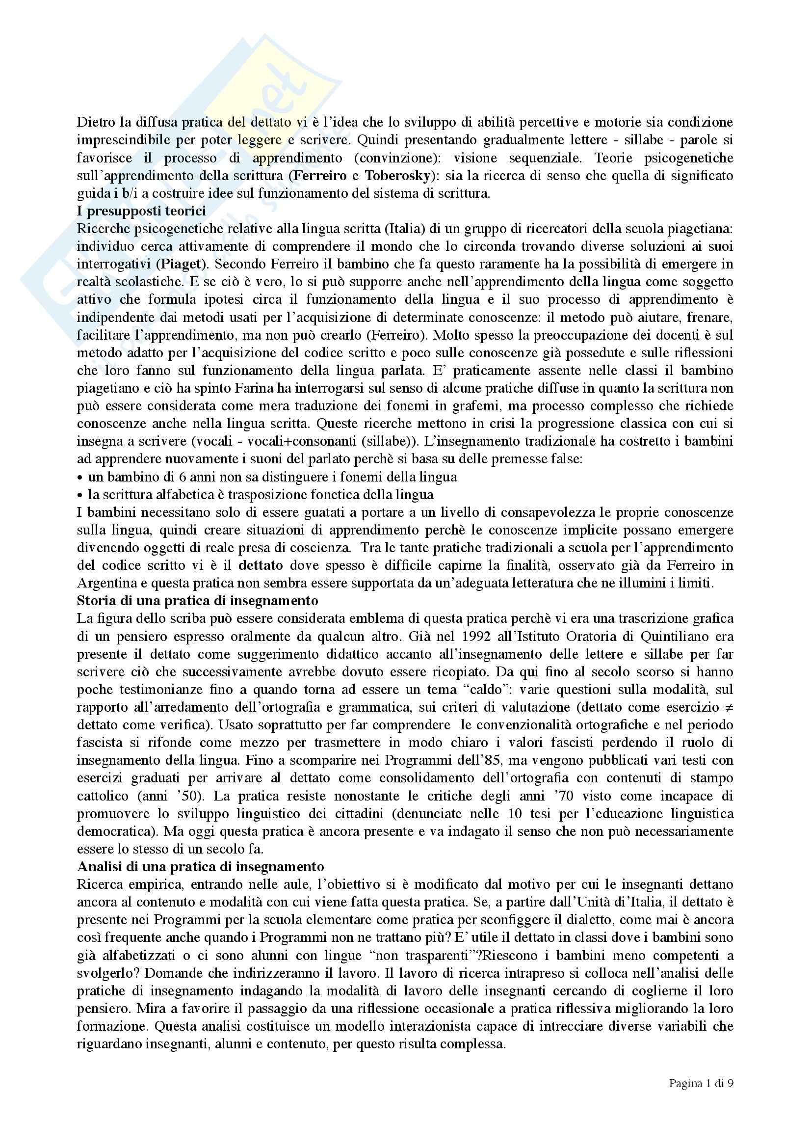 Riassunto esame Didattica della lettura, prof. Teruggi, libro consigliato Il dettato nella scuola primaria, Farina Pag. 1