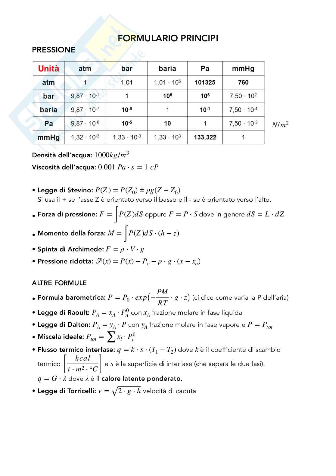 Formulario Principi di ingegneria chimica - Parte 1 Pag. 1