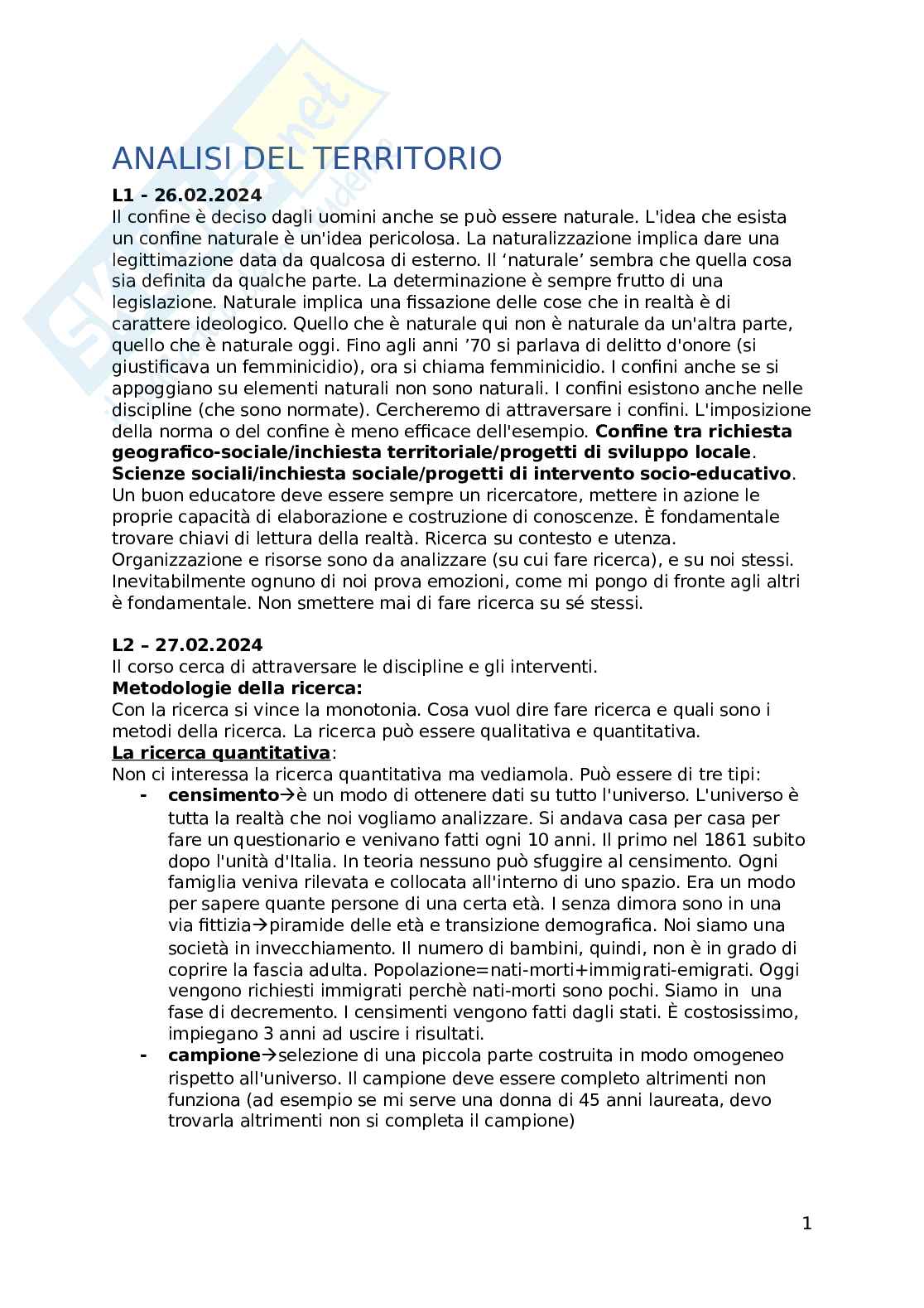 Analisi del territorio - Appunti Pag. 1