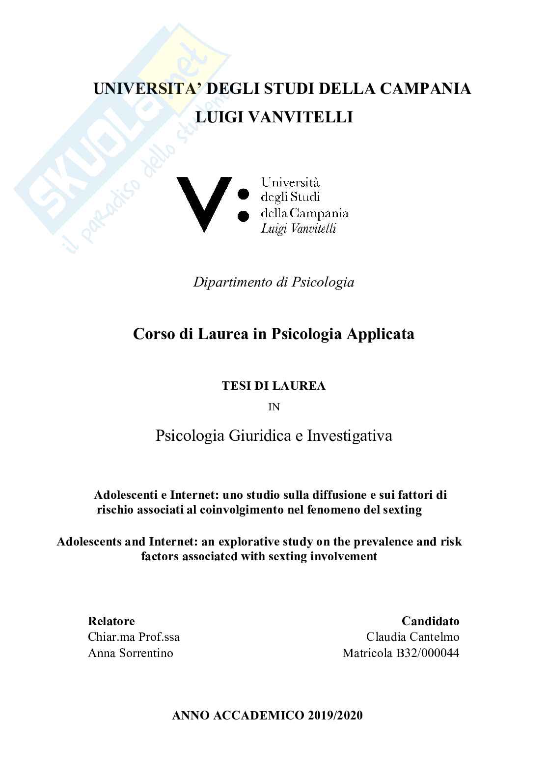 Adolescenti e Internet: uno studio sulla diffusione e sui fatto rischio associati al coinvolgimento nel fenomeno del sexting  Pag. 1