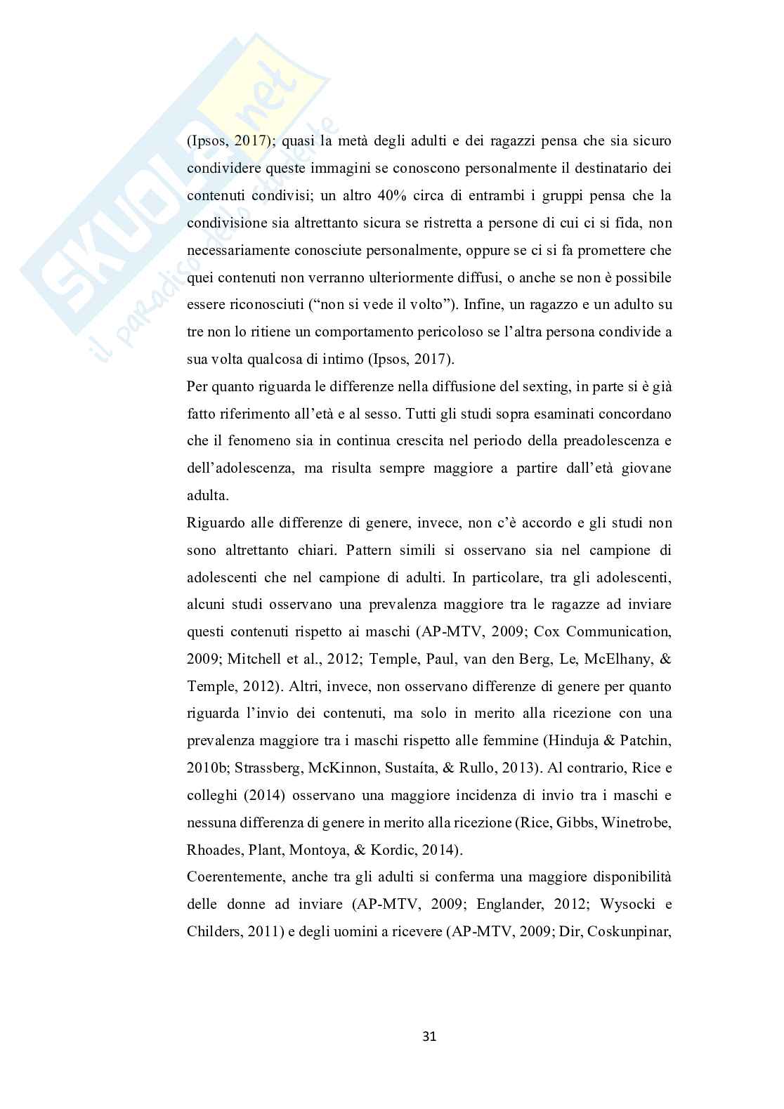 Adolescenti e Internet: uno studio sulla diffusione e sui fatto rischio associati al coinvolgimento nel fenomeno del sexting  Pag. 31