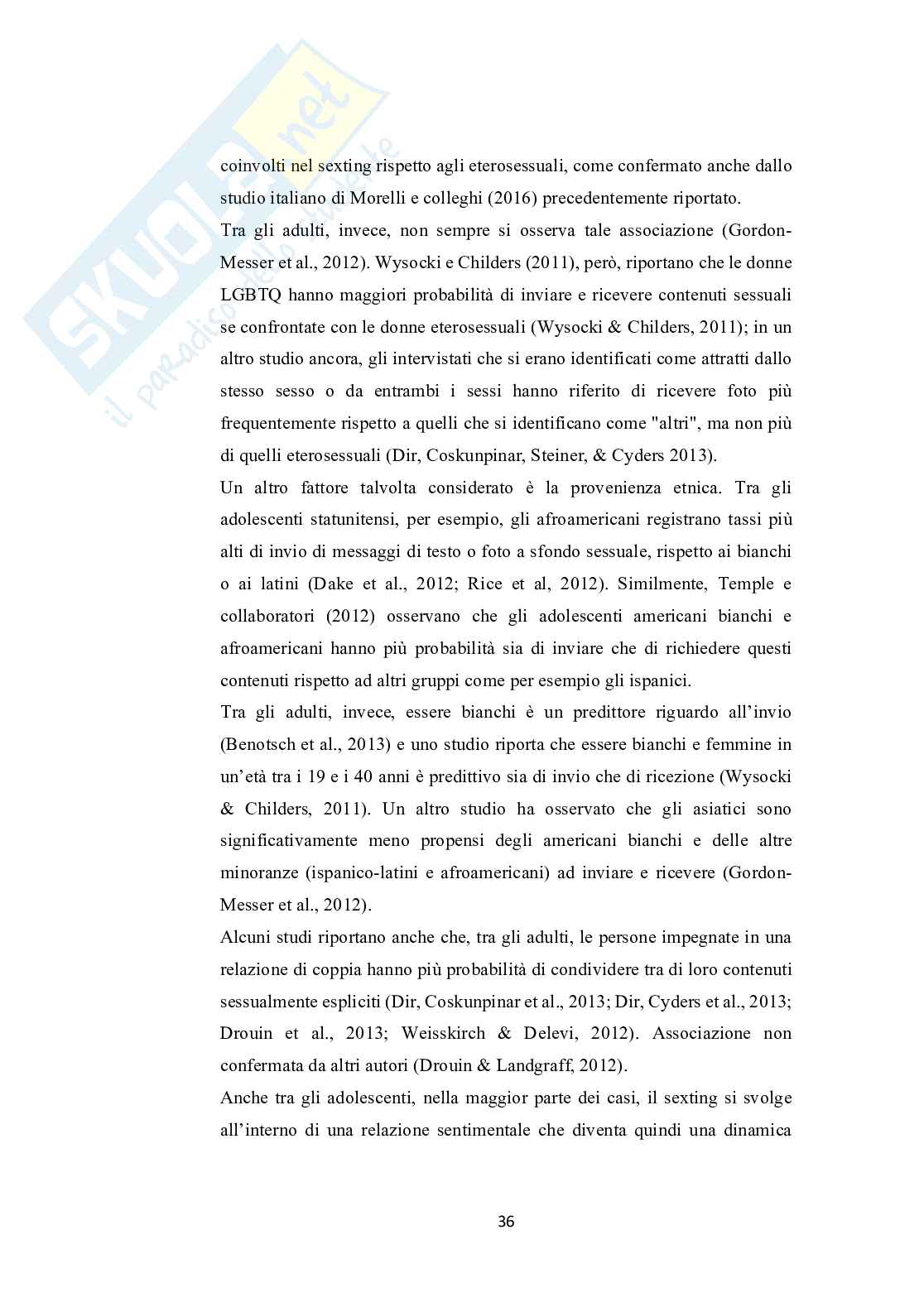 Adolescenti e Internet: uno studio sulla diffusione e sui fatto rischio associati al coinvolgimento nel fenomeno del sexting  Pag. 36