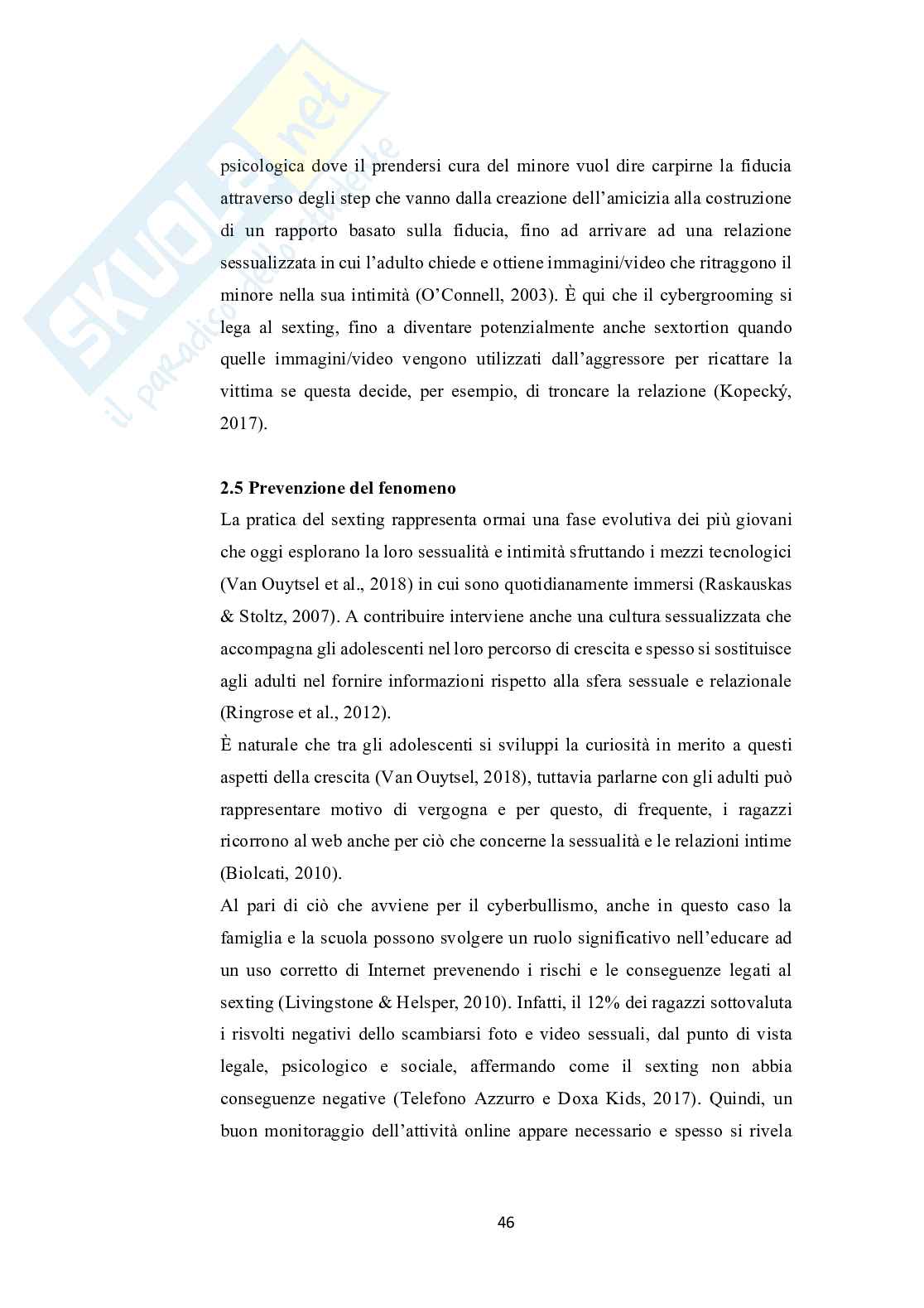 Adolescenti e Internet: uno studio sulla diffusione e sui fatto rischio associati al coinvolgimento nel fenomeno del sexting  Pag. 46