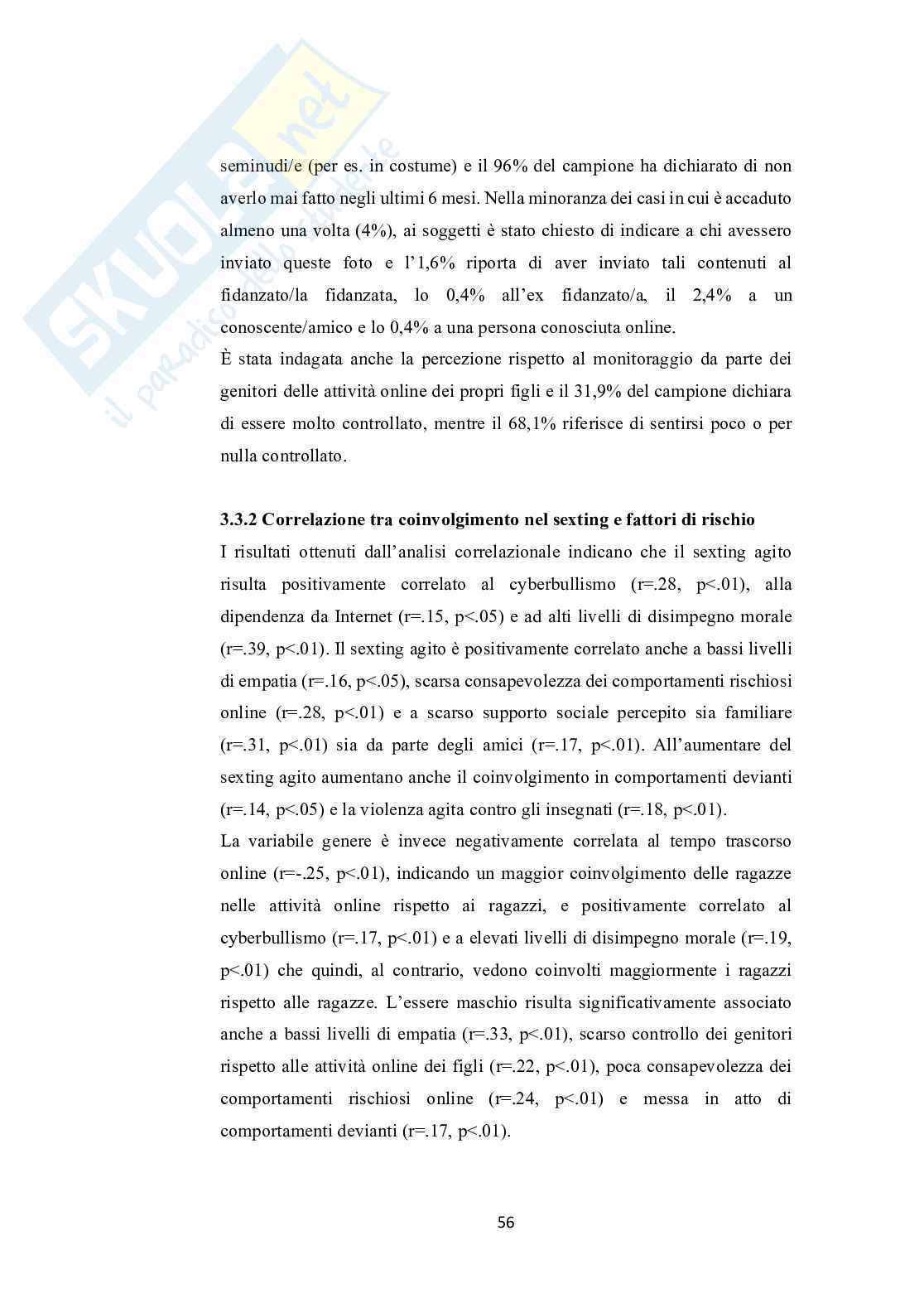 Adolescenti e Internet: uno studio sulla diffusione e sui fatto rischio associati al coinvolgimento nel fenomeno del sexting  Pag. 56