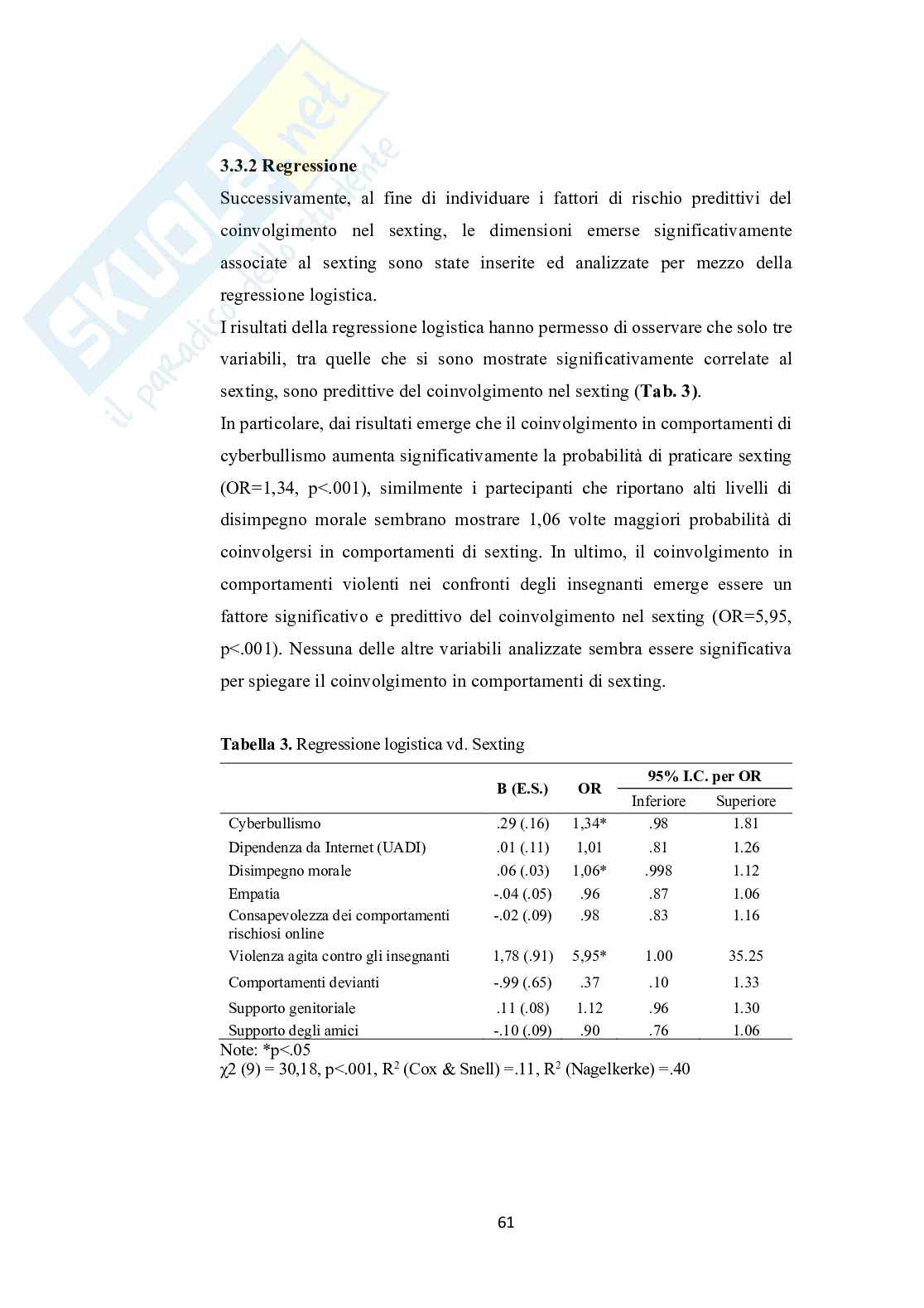 Adolescenti e Internet: uno studio sulla diffusione e sui fatto rischio associati al coinvolgimento nel fenomeno del sexting  Pag. 61