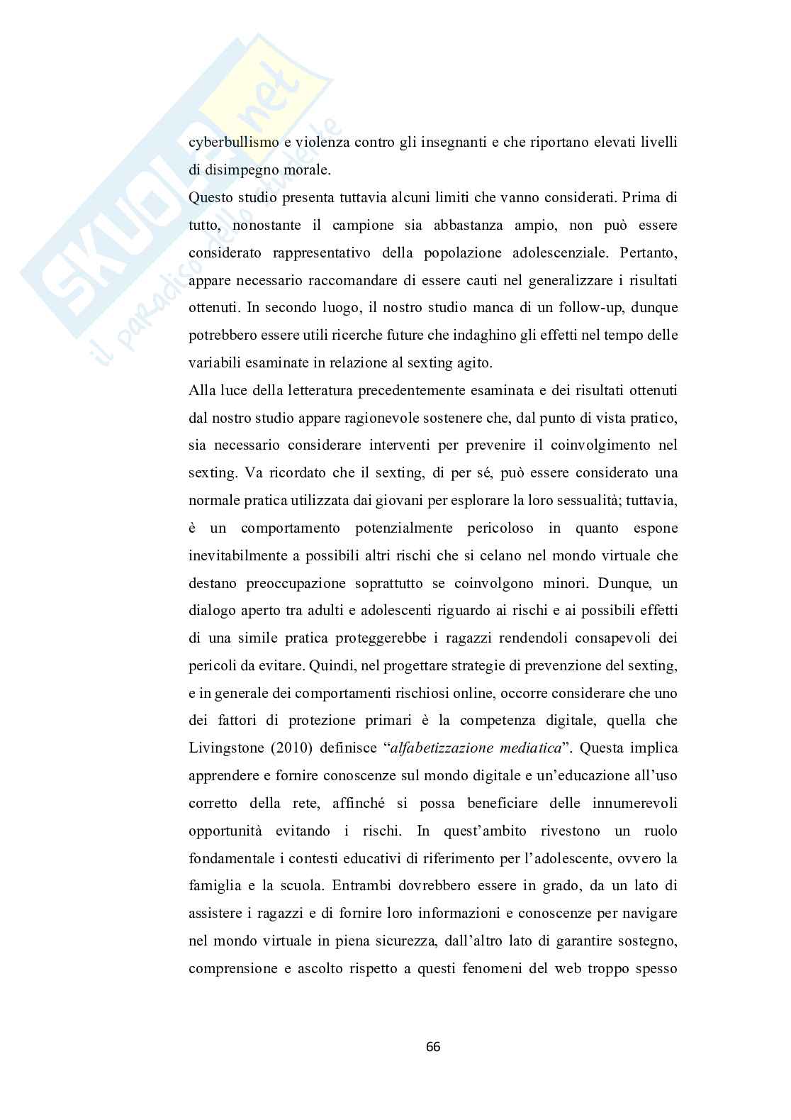 Adolescenti e Internet: uno studio sulla diffusione e sui fatto rischio associati al coinvolgimento nel fenomeno del sexting  Pag. 66