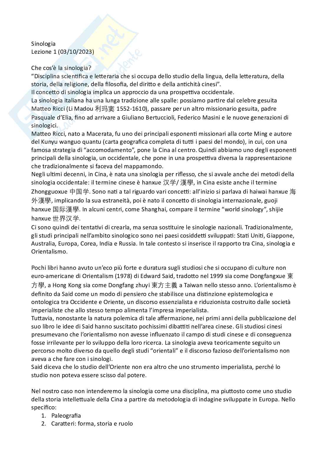 Appunti del corso di Sinologia a.a 2023/2024 Pag. 1