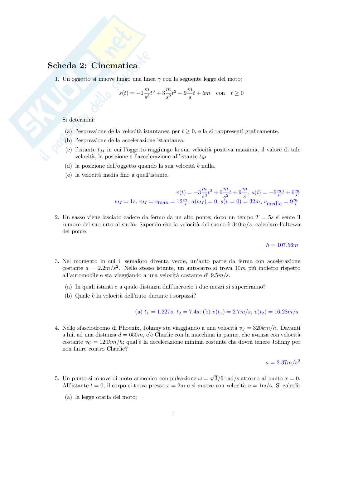 Esercizi di Fisica generale sulla cinematica Pag. 1