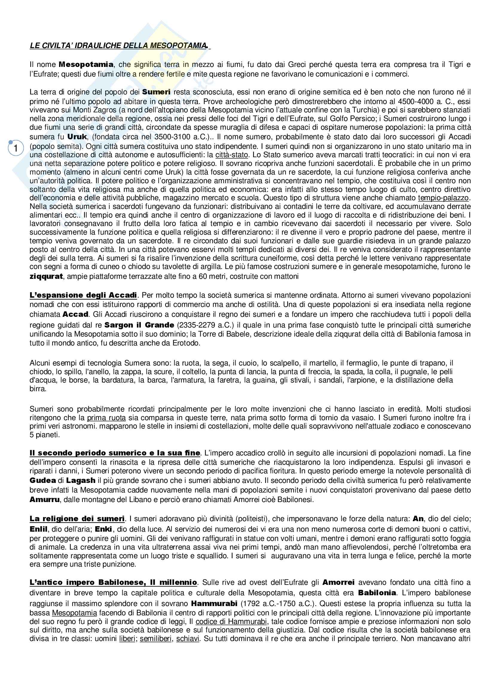 Fondamenti di storia antica – Civiltà idrauliche Mesopotamia Pag. 1