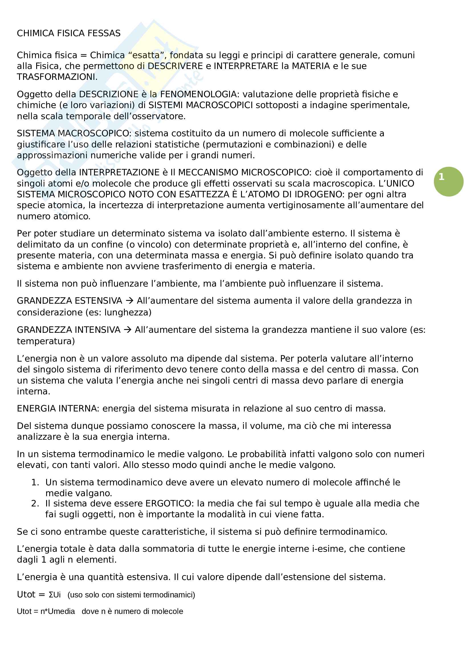 Riassunto esame elementi di chimica, prof Fessas Pag. 1