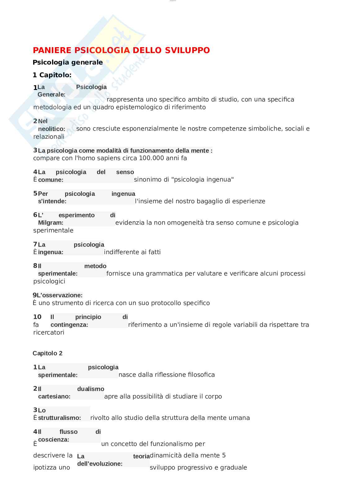 Paniere esame Psicologia dello Sviluppo, Psicologia generale Pag. 1