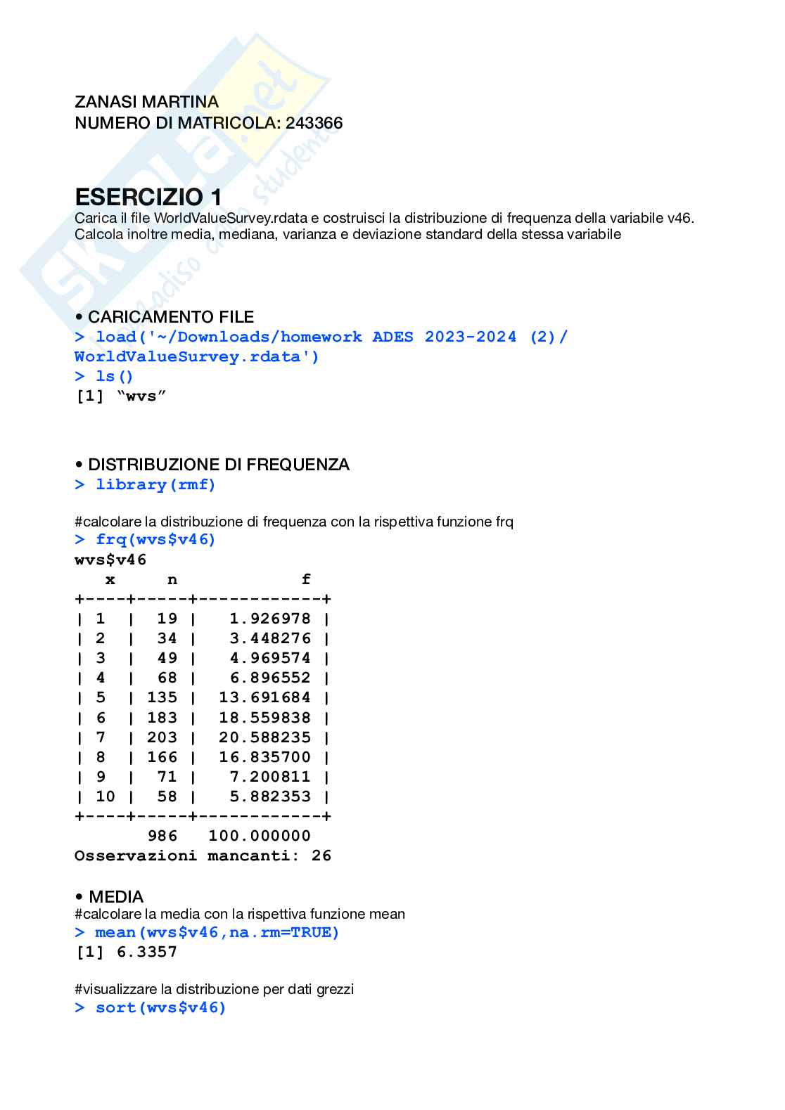 Homework statistica Pag. 1