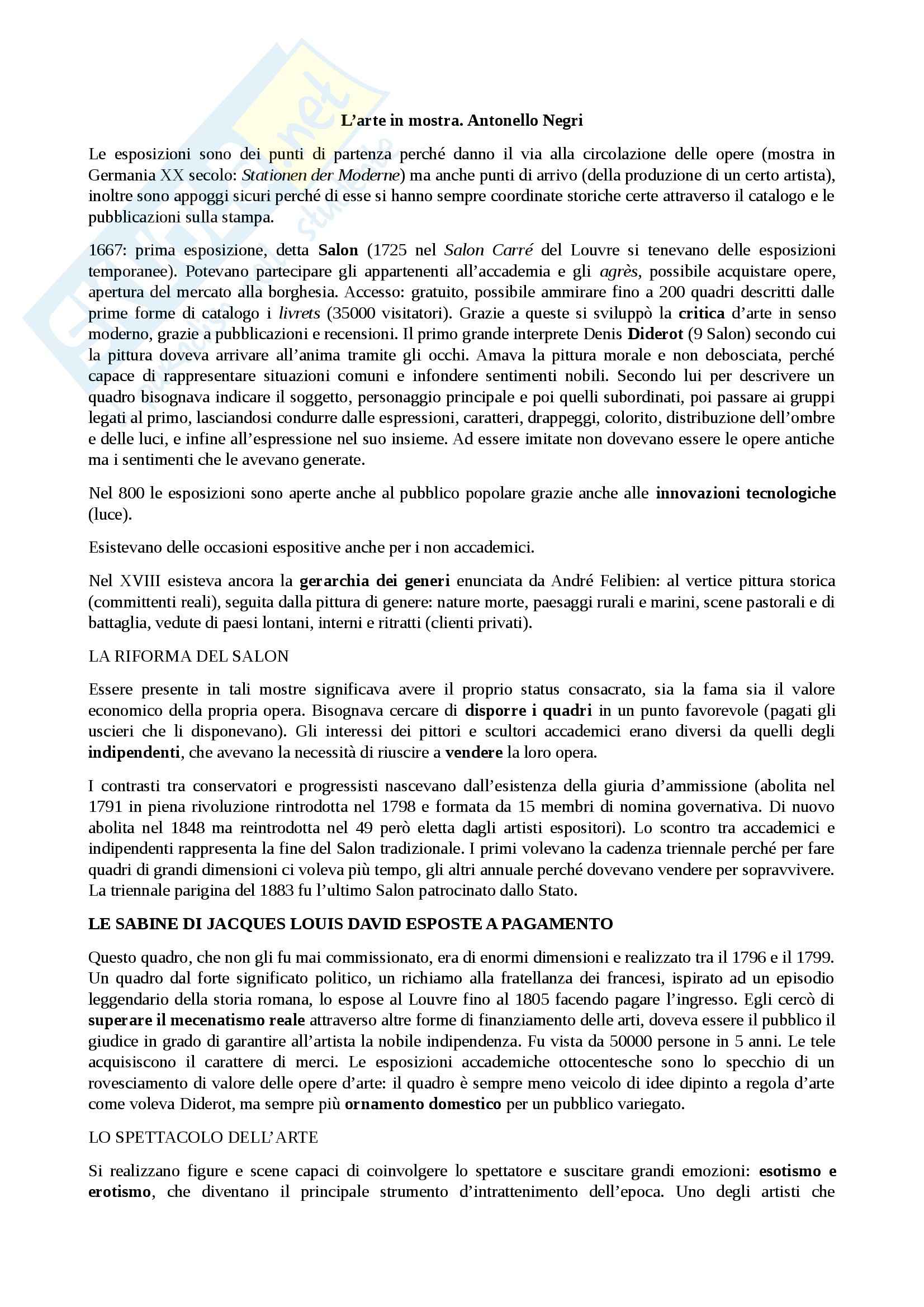 Riassunto esame Metodologia della curatela, prof. Ferrario, libro consigliato L'arte in mostra, Negri Pag. 1