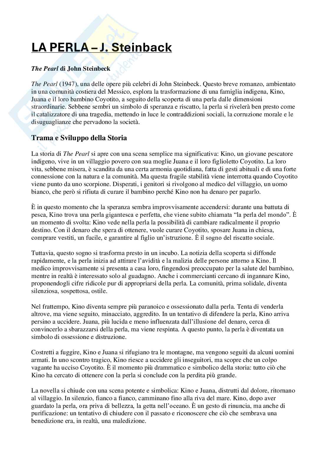 Riassunto esame Letteratura angloamericana, Prof. Celotti Fabio, libro consigliato La perla, Steinbeck Pag. 1