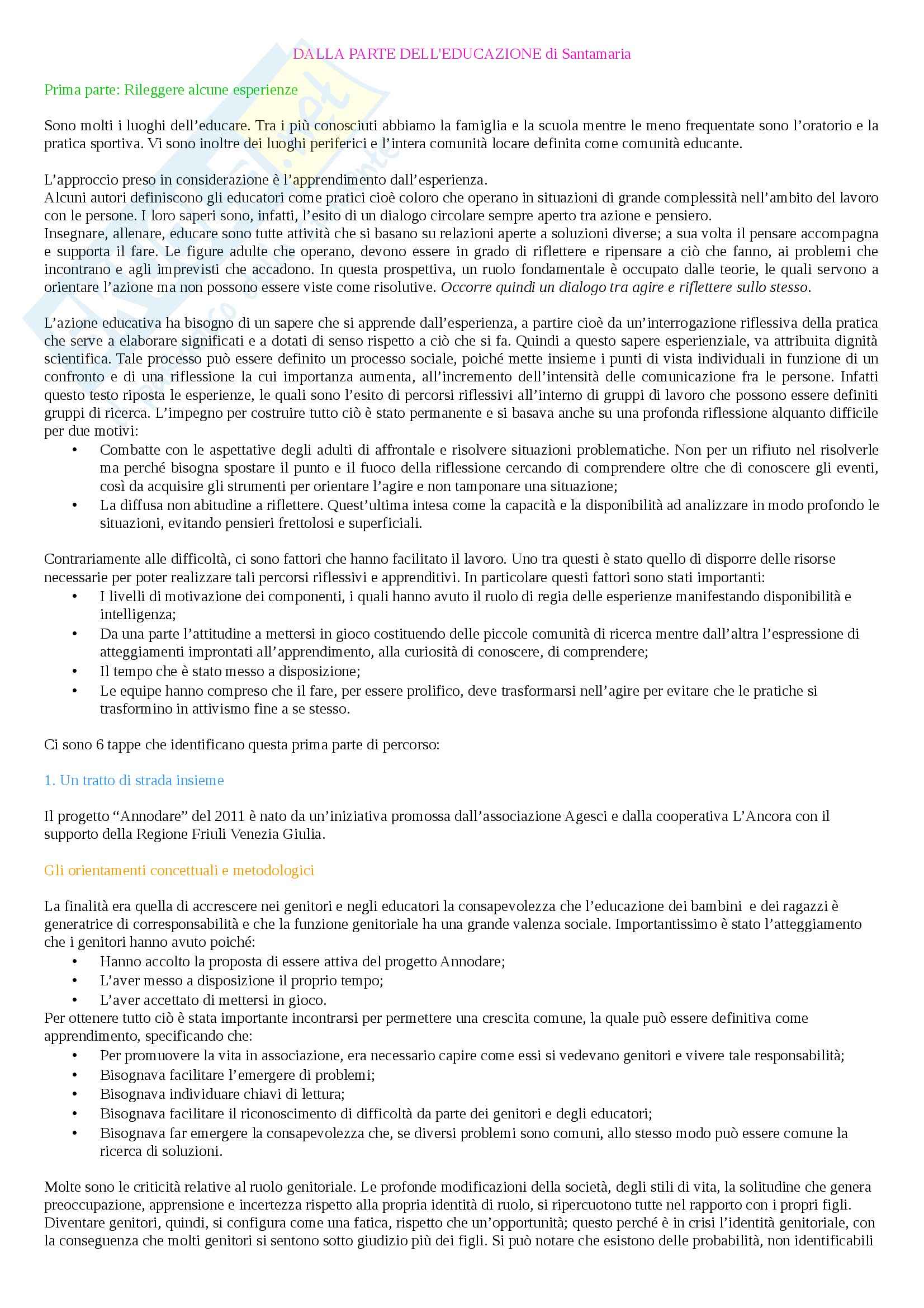 Riassunto esame Pedagogia della marginalità, prof. Santamaria, libro consigliato Dalla parte dell'educazione, Santamaria Pag. 1