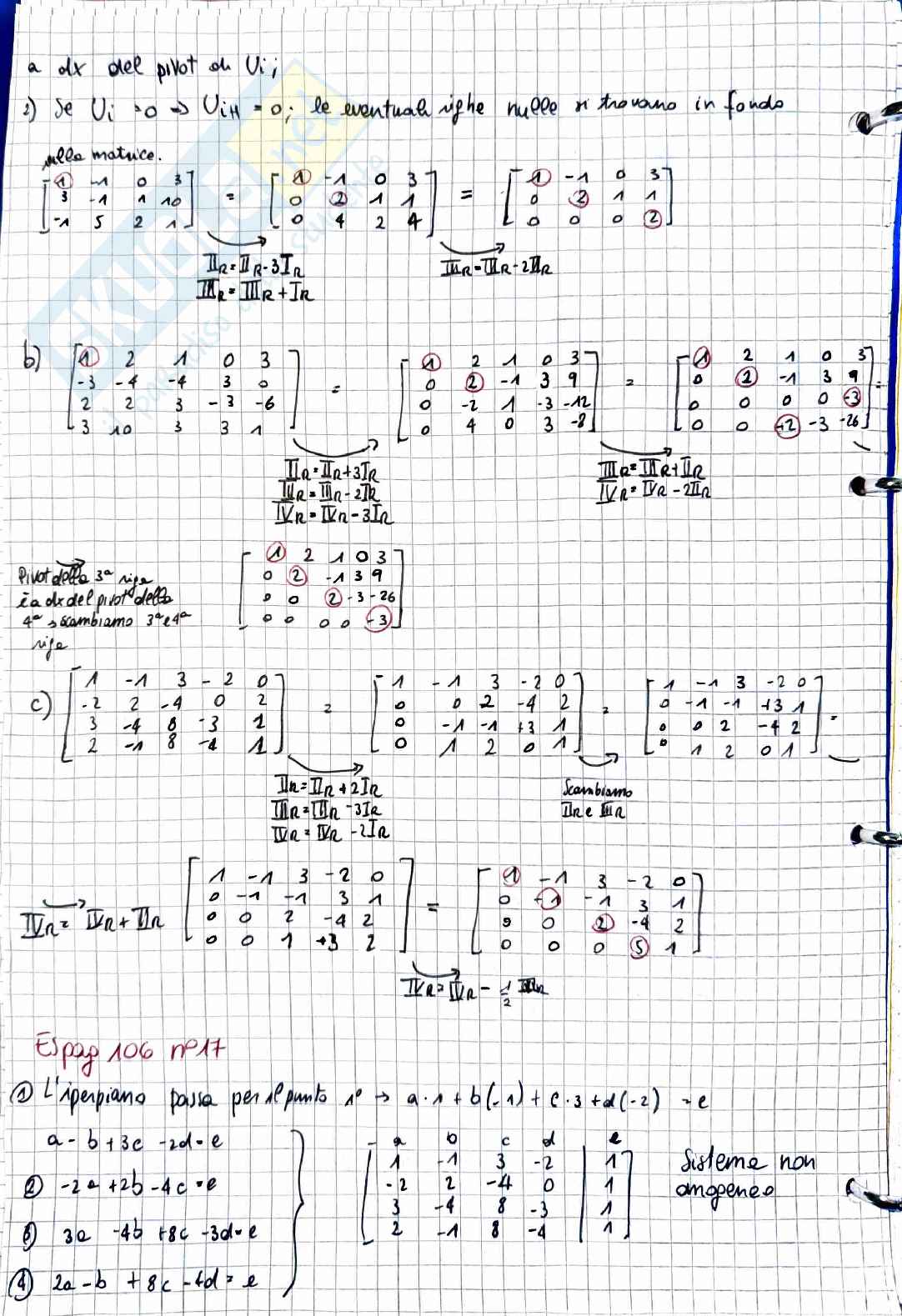 Geometria e algebra lineare: esercizi su riduzione a scala e algoritmo di Gauss Pag. 1