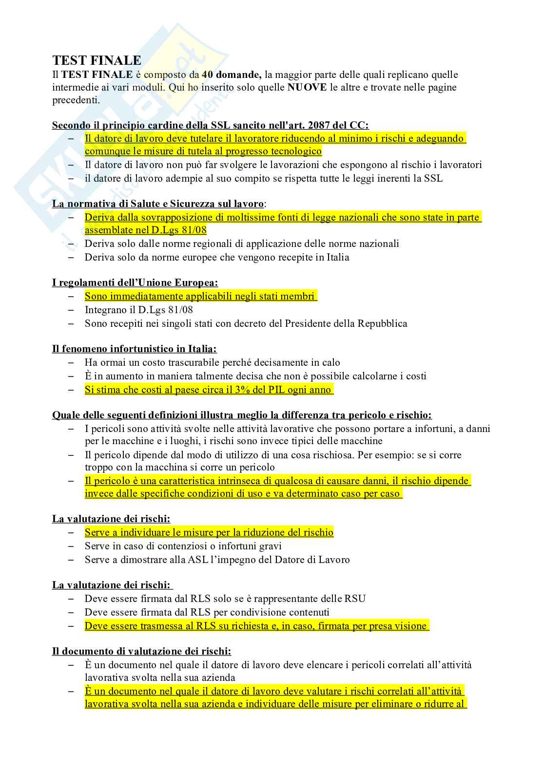 Risposte corrette ai test intermedi e test finale del corso di sicurezza sul lavoro (ecampus) 4 ore Pag. 6