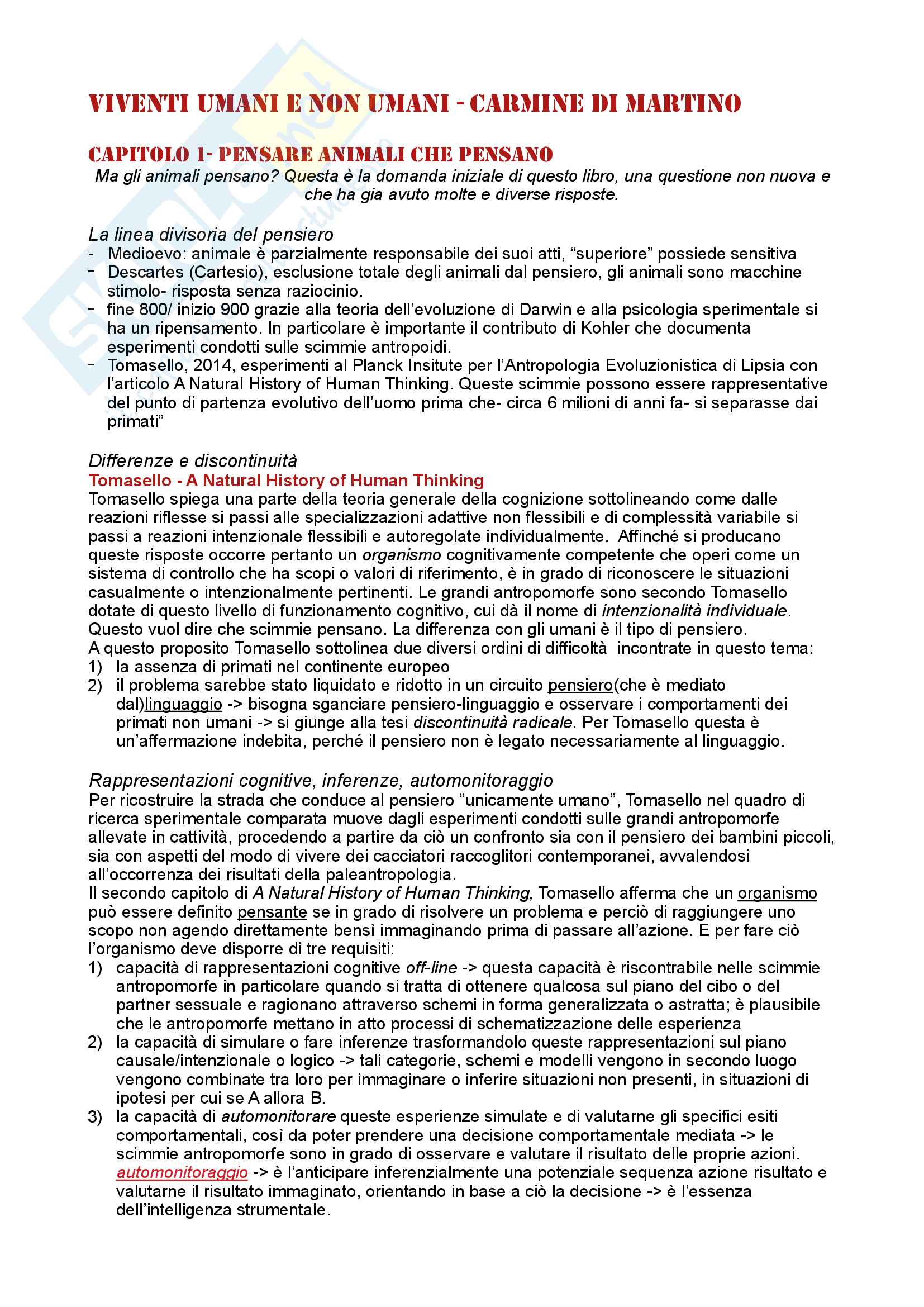Riassunto esame Gnoseologia, prof. Di Martino, libro consigliato Viventi Umani e Non Umani, Di Martino Pag. 1