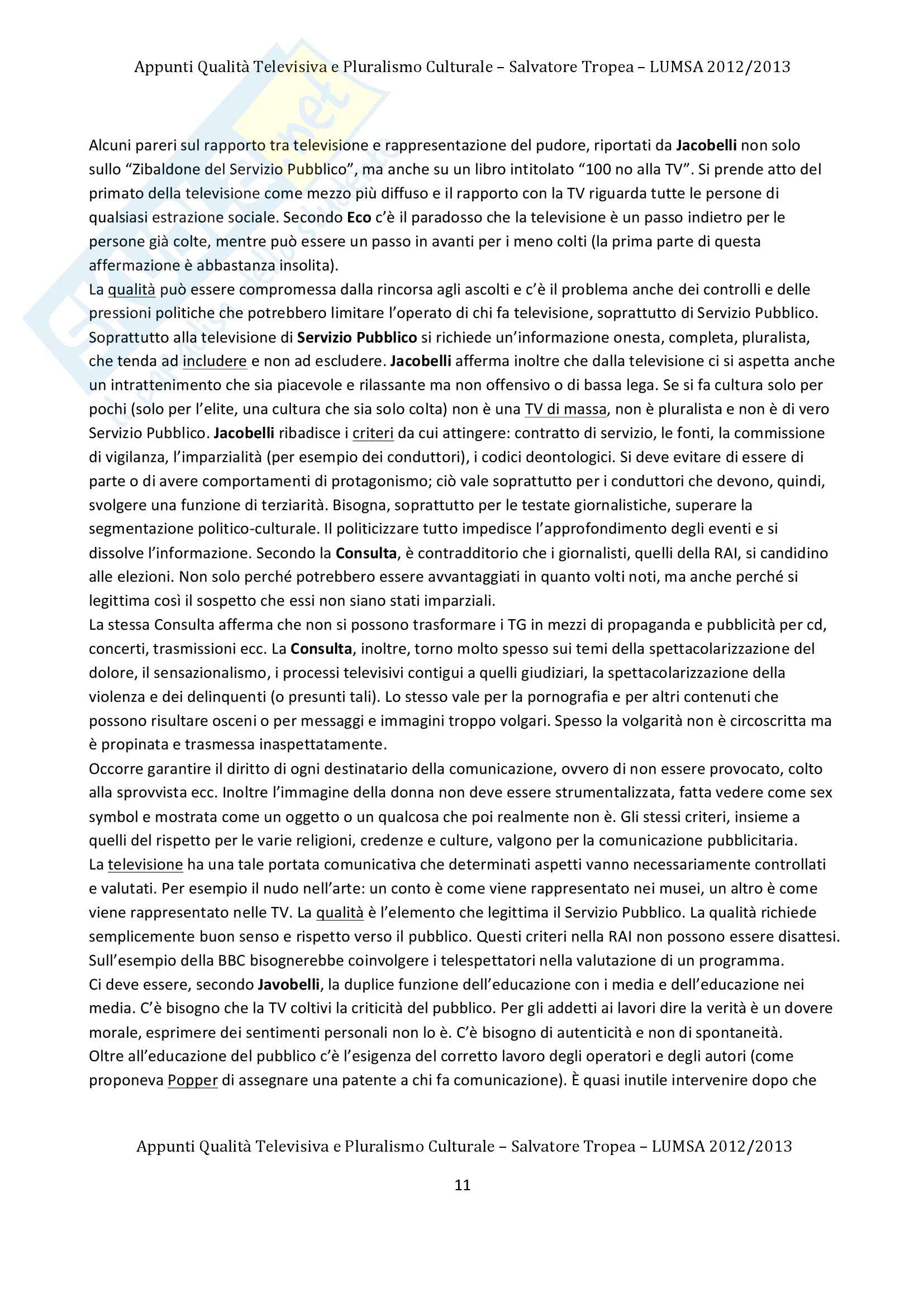 Lezioni, Qualità Televisiva e Pluralismo Culturale Pag. 11