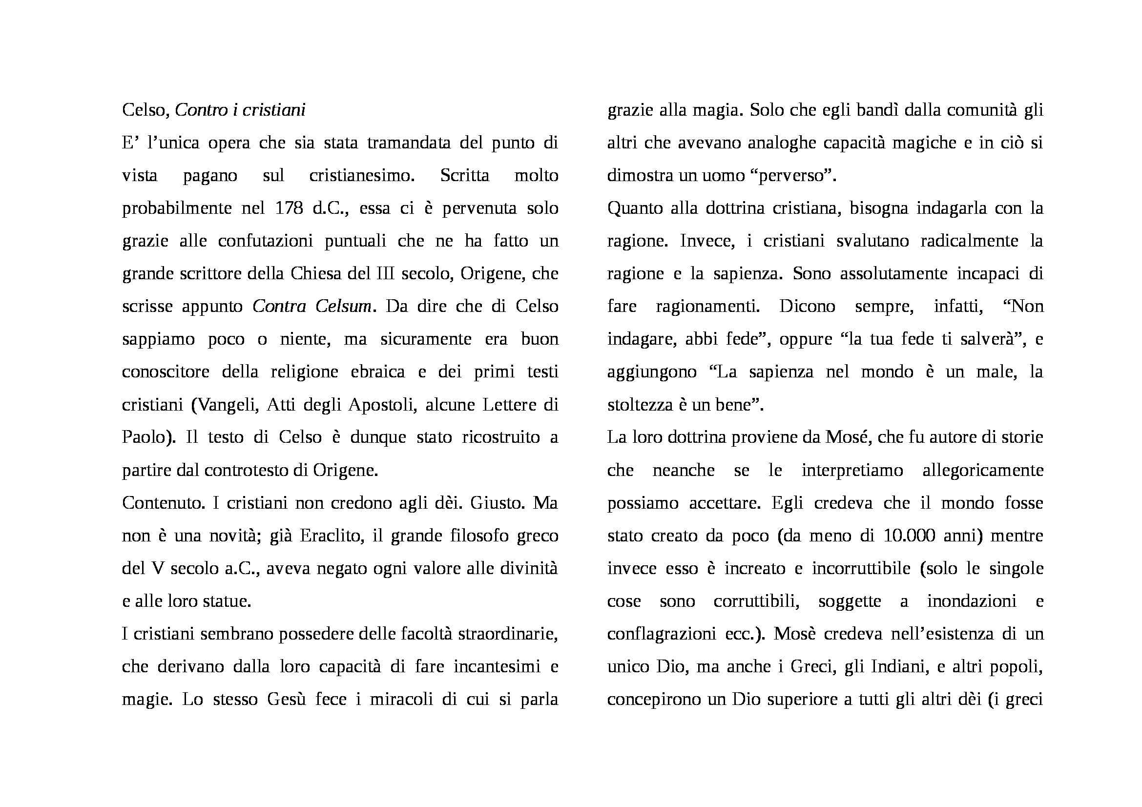 Filosofia morale - Celso contro i cristiani Pag. 1