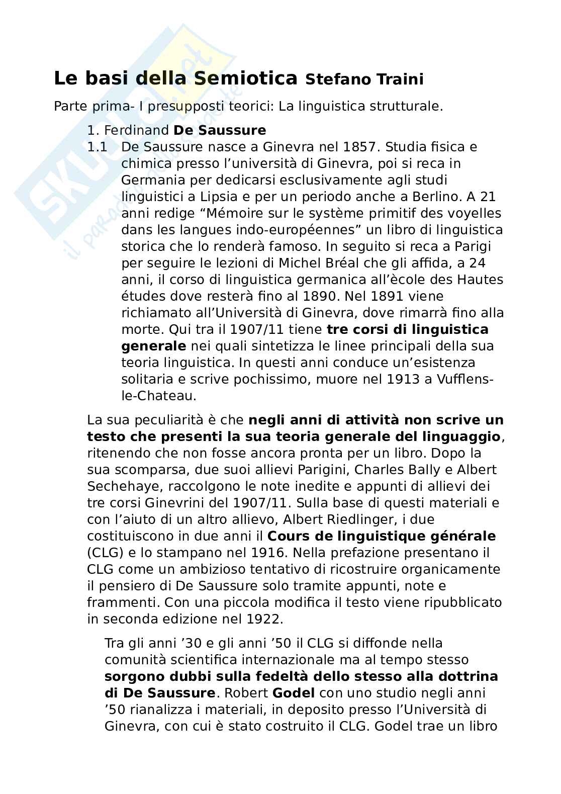 Riassunto esame Scienze semiotiche del testo e dei linguaggi, Prof. Romei Leonardo, libro consigliato Le basi della semiotica , Traini  Pag. 1