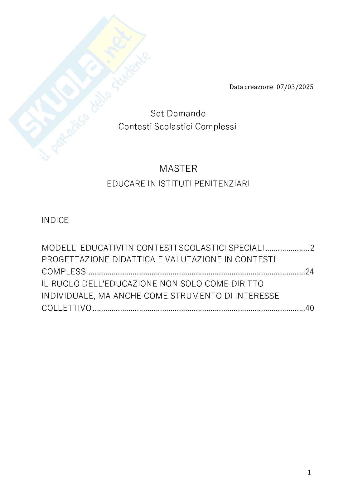 Modelli educativi in contesti scolastici speciali - Master di II livello — Educare in istituti penitenziari   Pag. 1