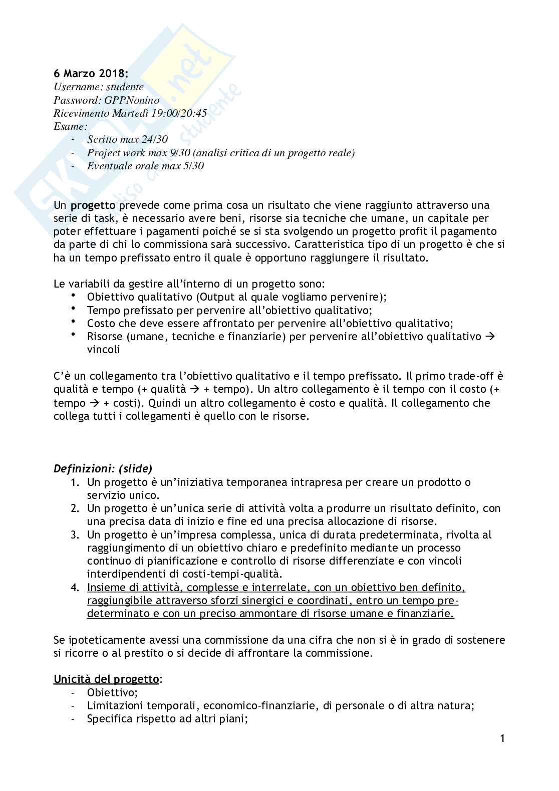 Appunti presi a lezione di Gestione dei progetti  Pag. 1
