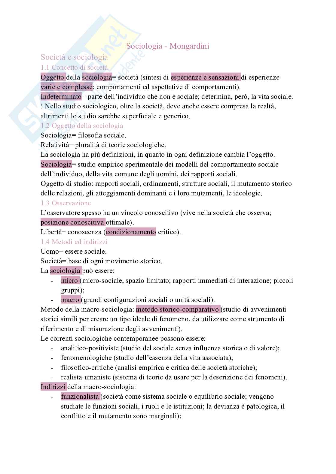 Riassunto esame Sociologia , Prof. Iannone Roberta, libro consigliato La conoscenza sociologica, Mongardini Pag. 1