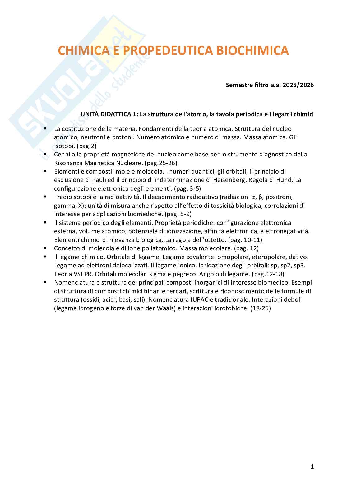 Chimica – completo Semestre filtro Medicina Pag. 1