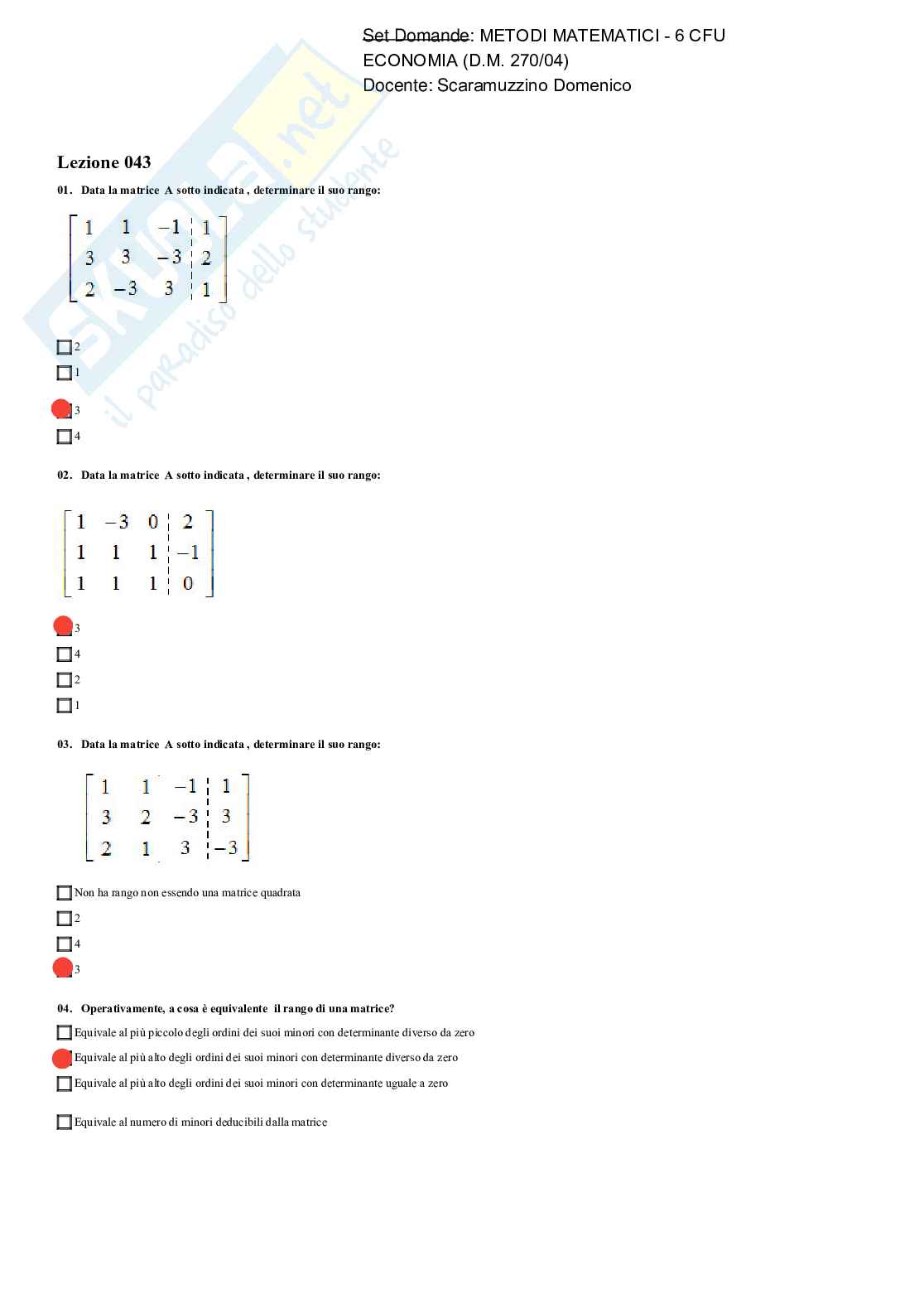 Paniere Metodi matematici - risposte multiple Pag. 71