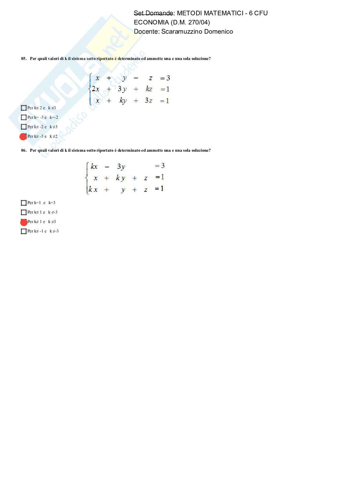 Paniere Metodi matematici - risposte multiple Pag. 76