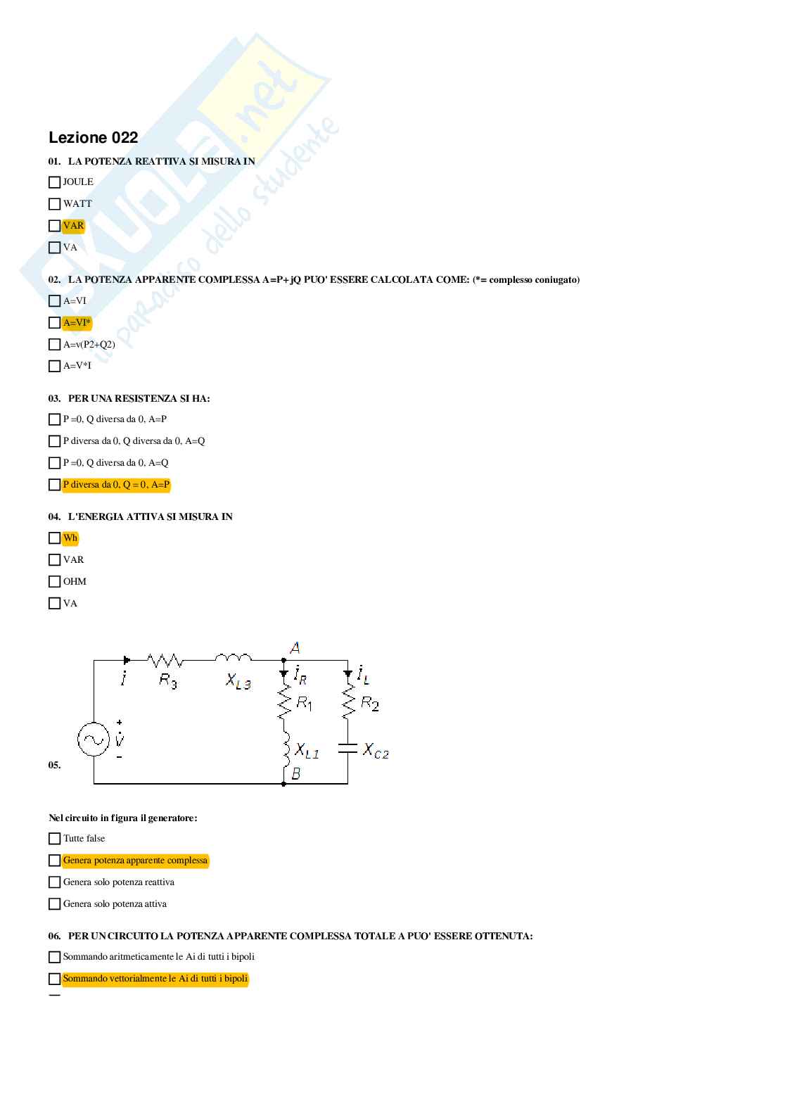 Elettrotecnica – Preparazione esame – Paniere completo risposte chiuse (248) – A.A. 2025/2026 Pag. 51