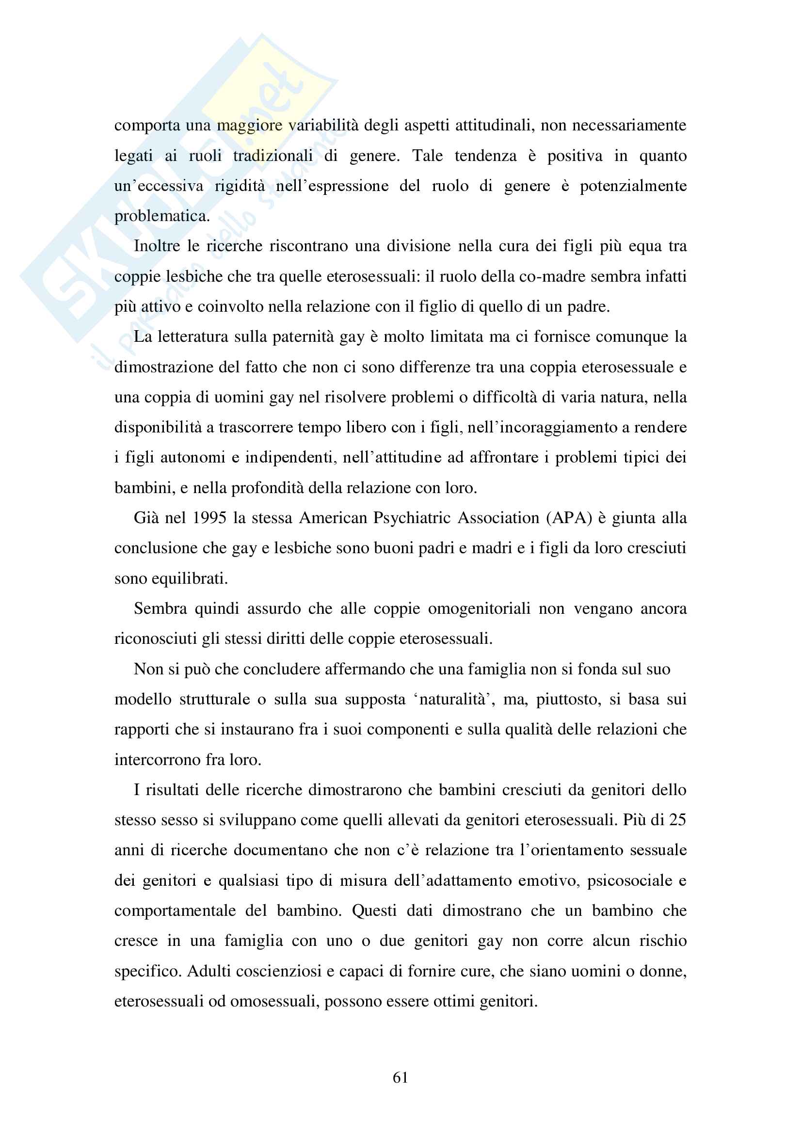 Tesi Omogenitorialità: sviluppo del bambino e competenze genitoriali in famiglie con genitori omosessuali Pag. 61