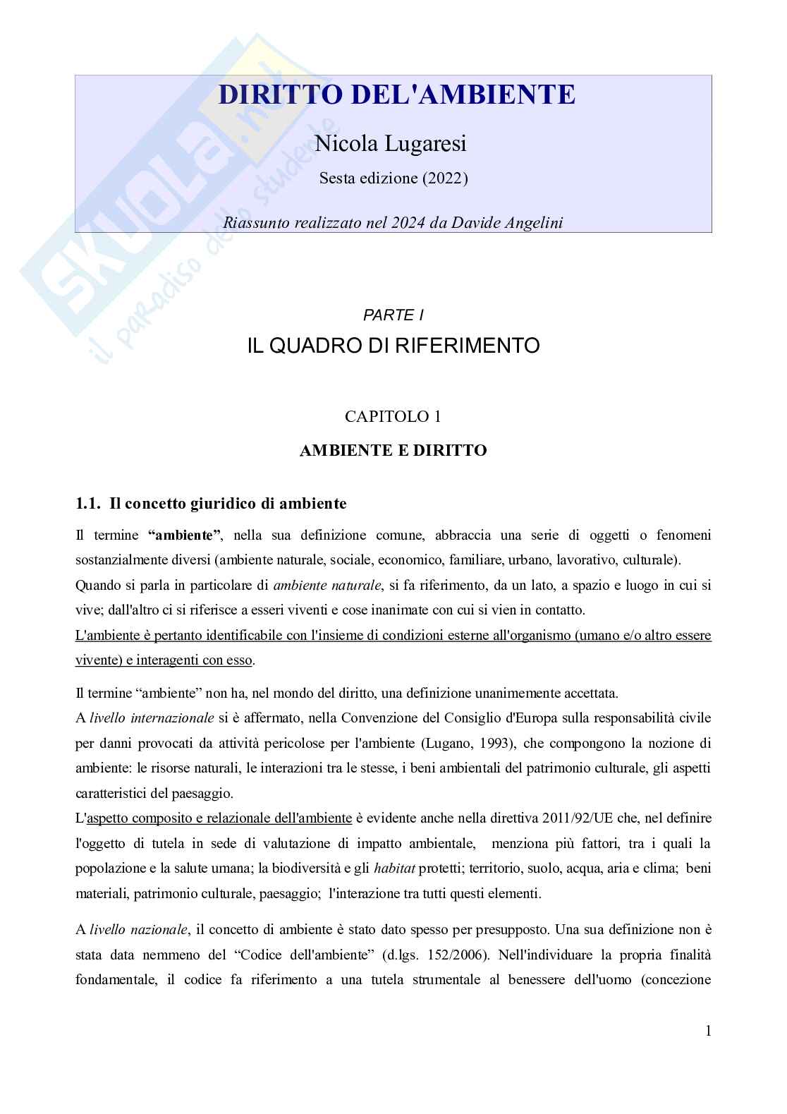 Riassunto esame Diritto dell'ambiente, Prof. Troise Mangoni Wladimiro, libro consigliato Diritto dell'ambiente, Lugaresi  Pag. 1
