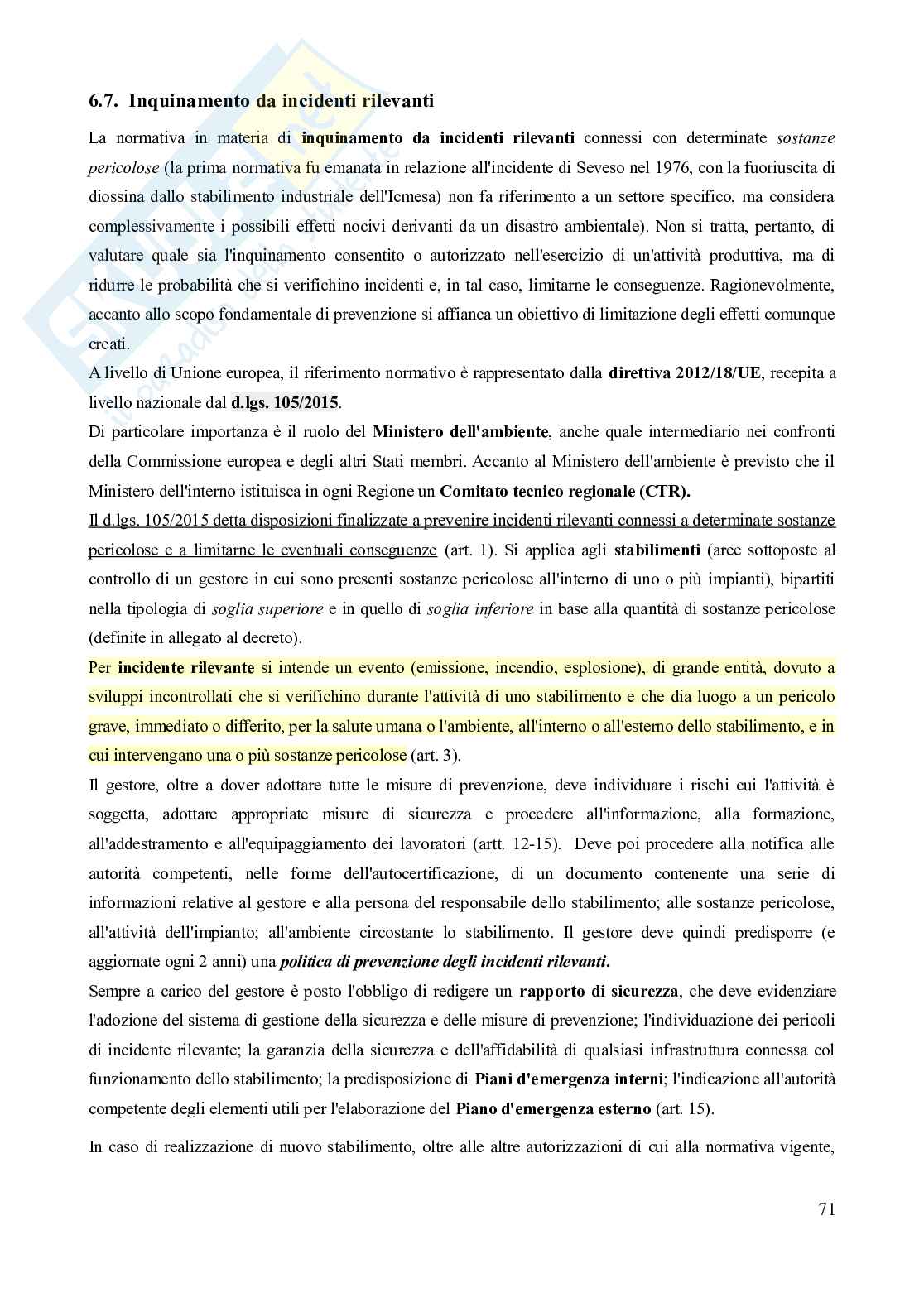 Riassunto esame Diritto dell'ambiente, Prof. Troise Mangoni Wladimiro, libro consigliato Diritto dell'ambiente, Lugaresi  Pag. 71