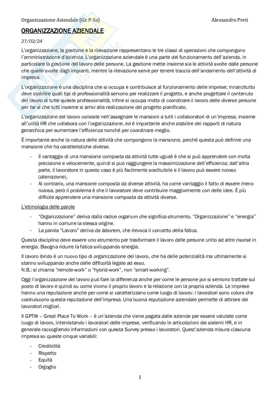 Organizzazione aziendale – Appunti completi, 120 pagine Pag. 1