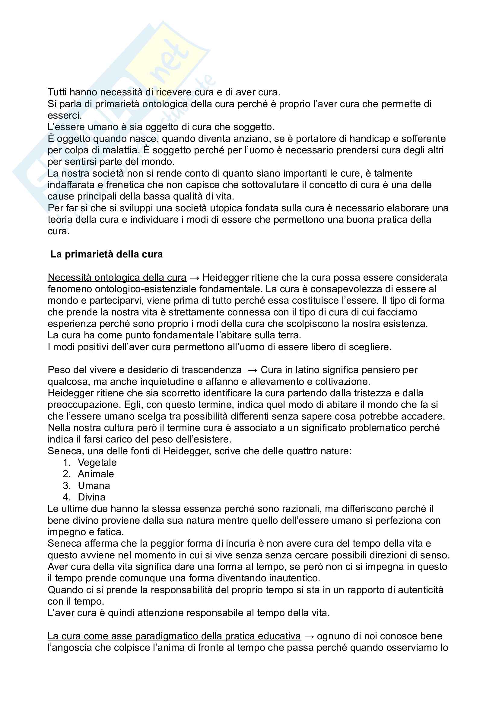 Appunti di Pedagogia generale, prof.ssa Broccoli, basati sul libro consigliato" Pratica dell'aver cura"a cura di Mortari Pag. 1