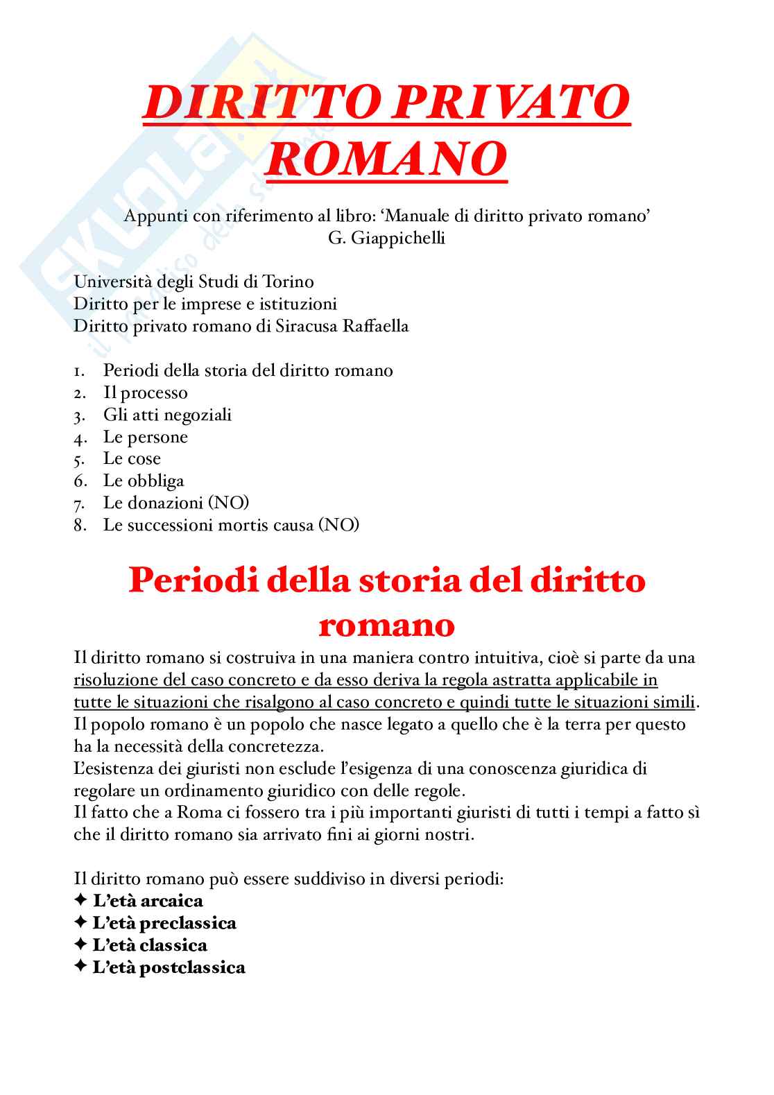 Riassunto esame Diritto privato romano, Prof. Scarpa Raffaella, libro consigliato Manuale di diritto privato romano, Marrone  Pag. 1