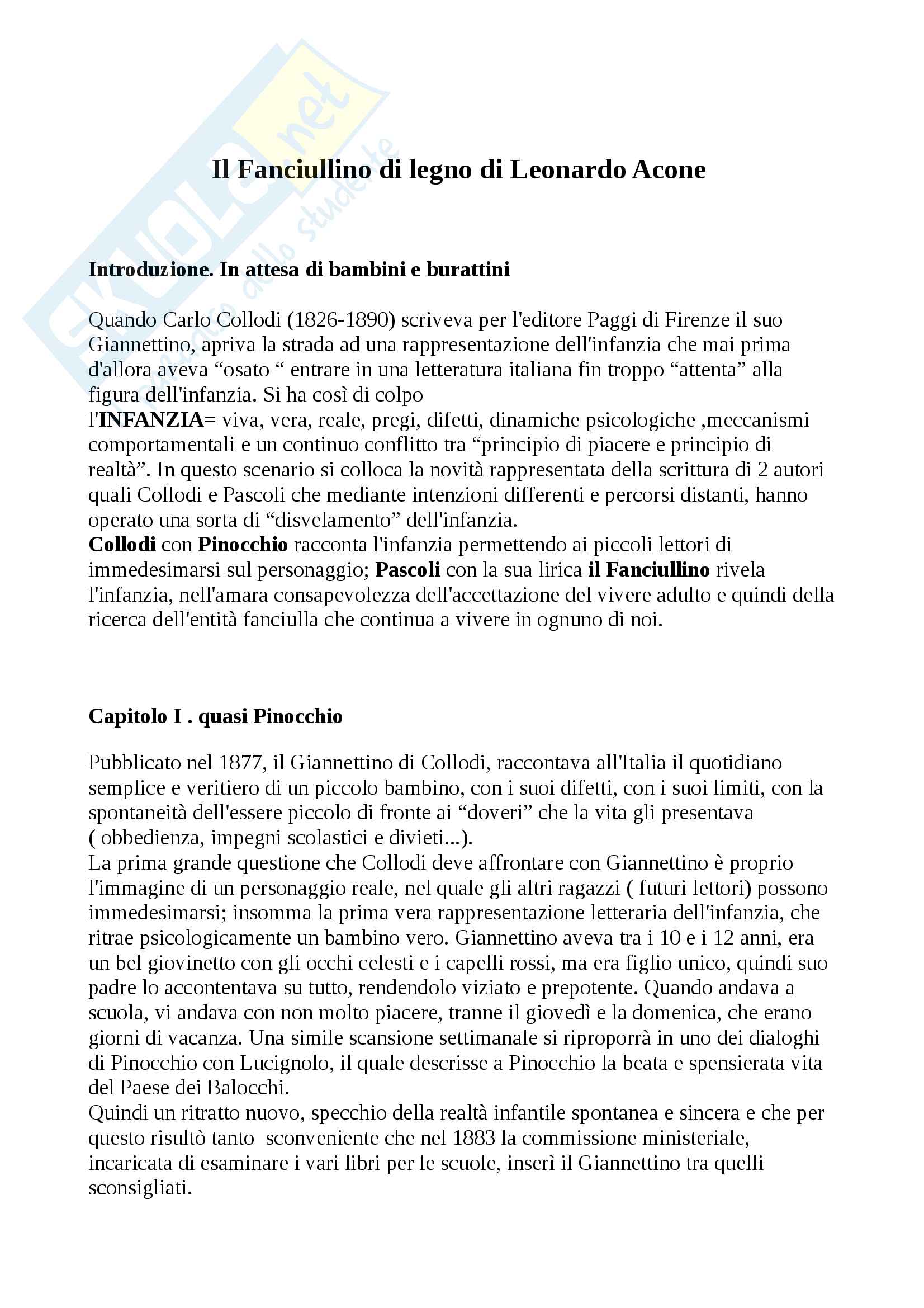 Riassunto esame Letteratura per l'infanzia, prof Acone, libro consigliato Il Fanciullino di legno, Acone Pag. 1