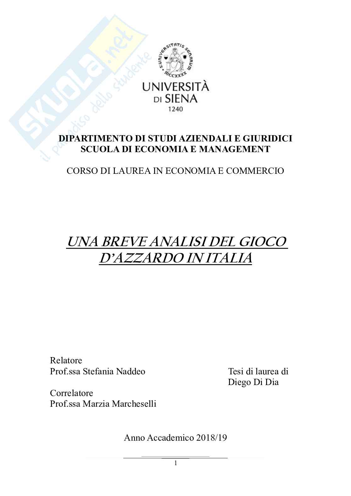 Breve analisi del gioco d’azzardo in Italia Pag. 1