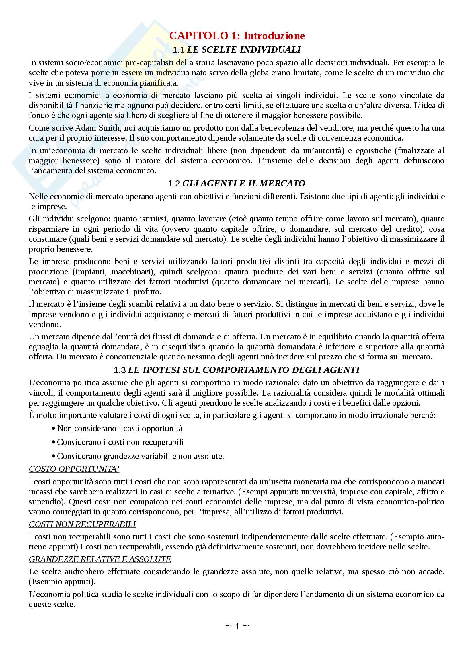 Riassunto esame microeconomia, prof Staffolani S., libro consigliato Microeconomia. Introduzione all'economia politica di S. Staffolani Pag. 1