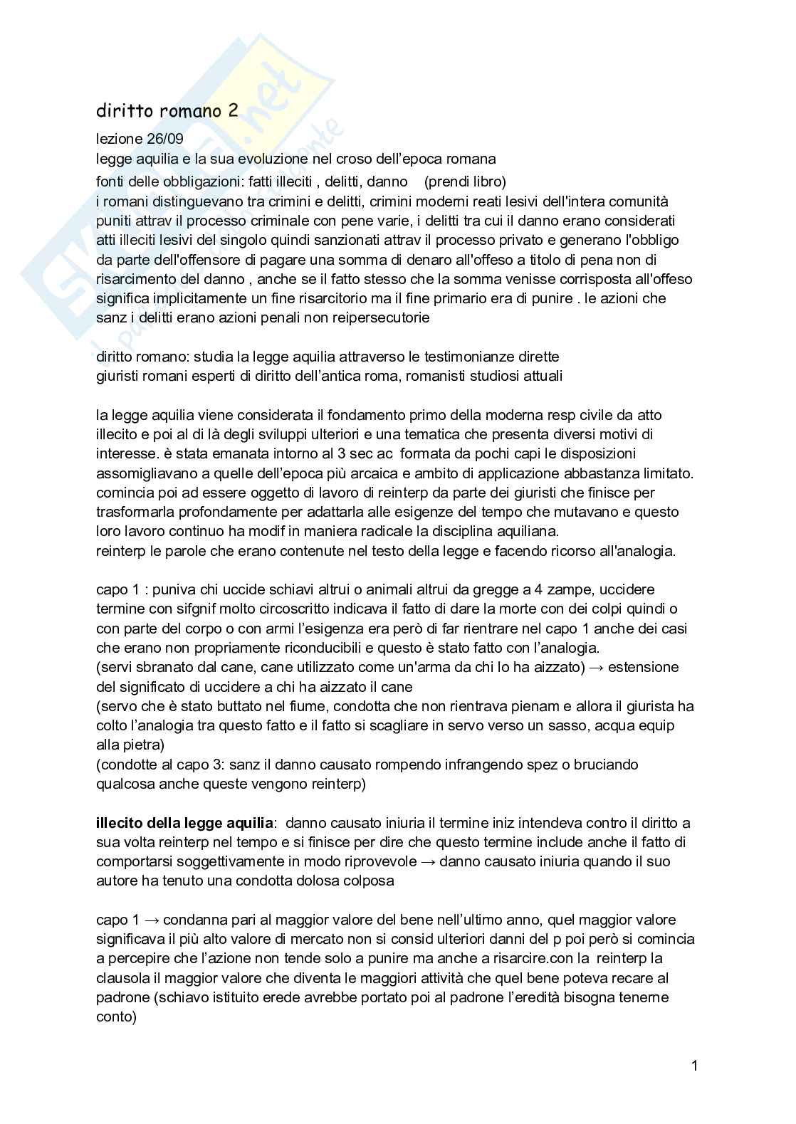 Riassunto esame Diritto romano, Prof. Desanti Lucetta, libro consigliato La legge aquilia , Lucetta Desanti  Pag. 1