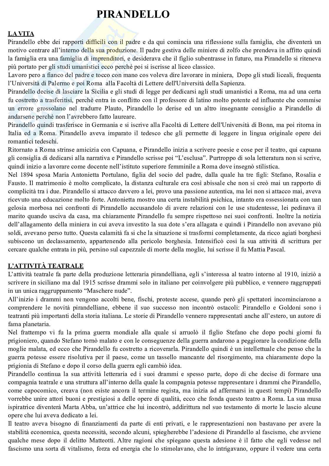 Appunti di Letteratura italiana su Pirandello Pag. 1