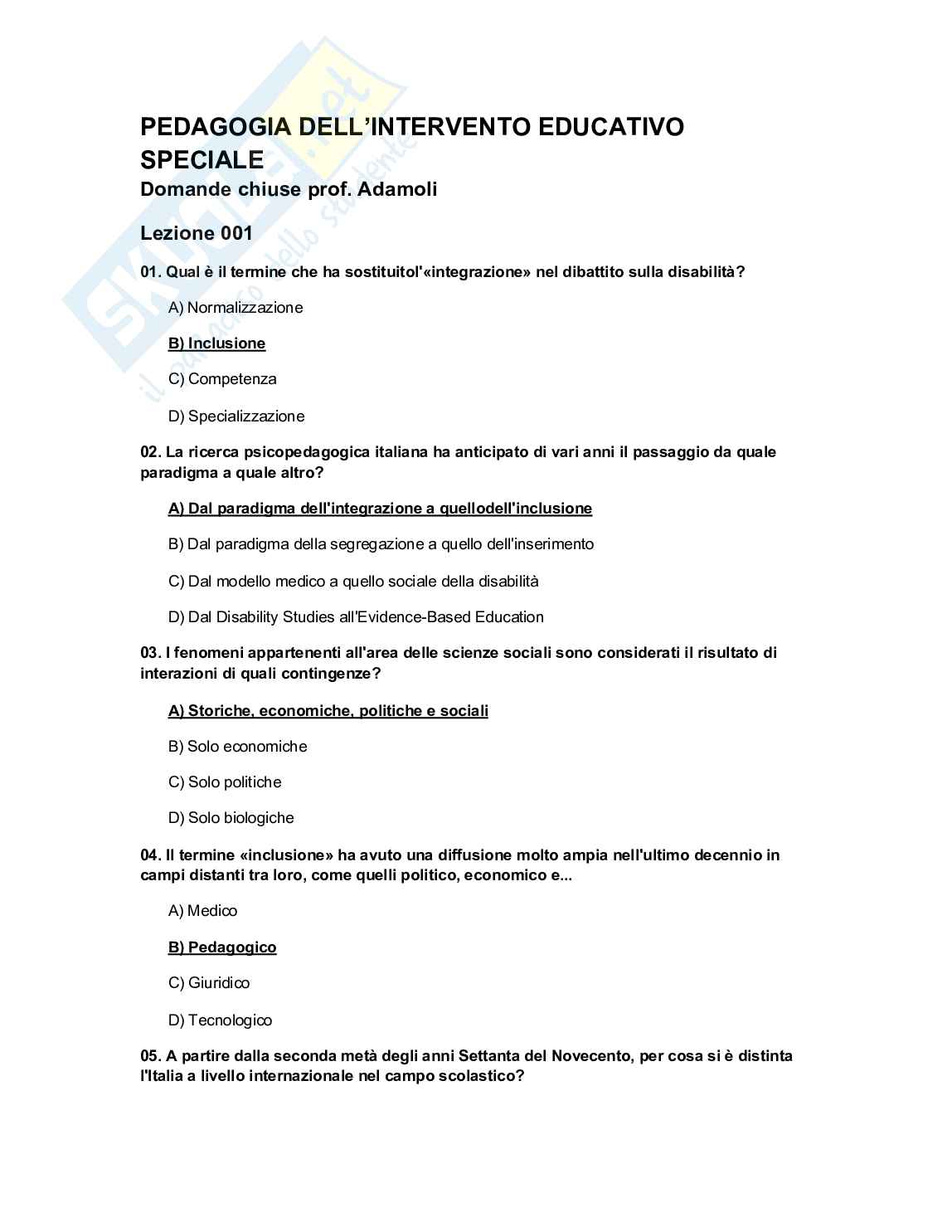 Quiz risolti Pedagogia dell'intervento educativo speciale Pag. 1
