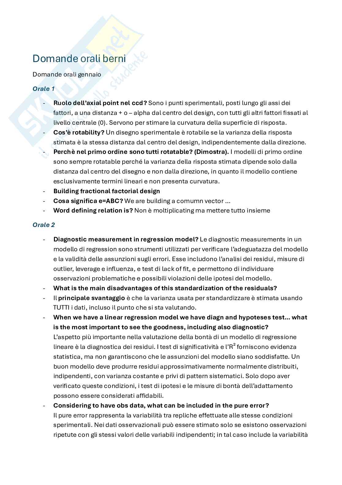 Domande orali Statistica per la sperimentazione e le previsioni in ambito tecnologico Pag. 1