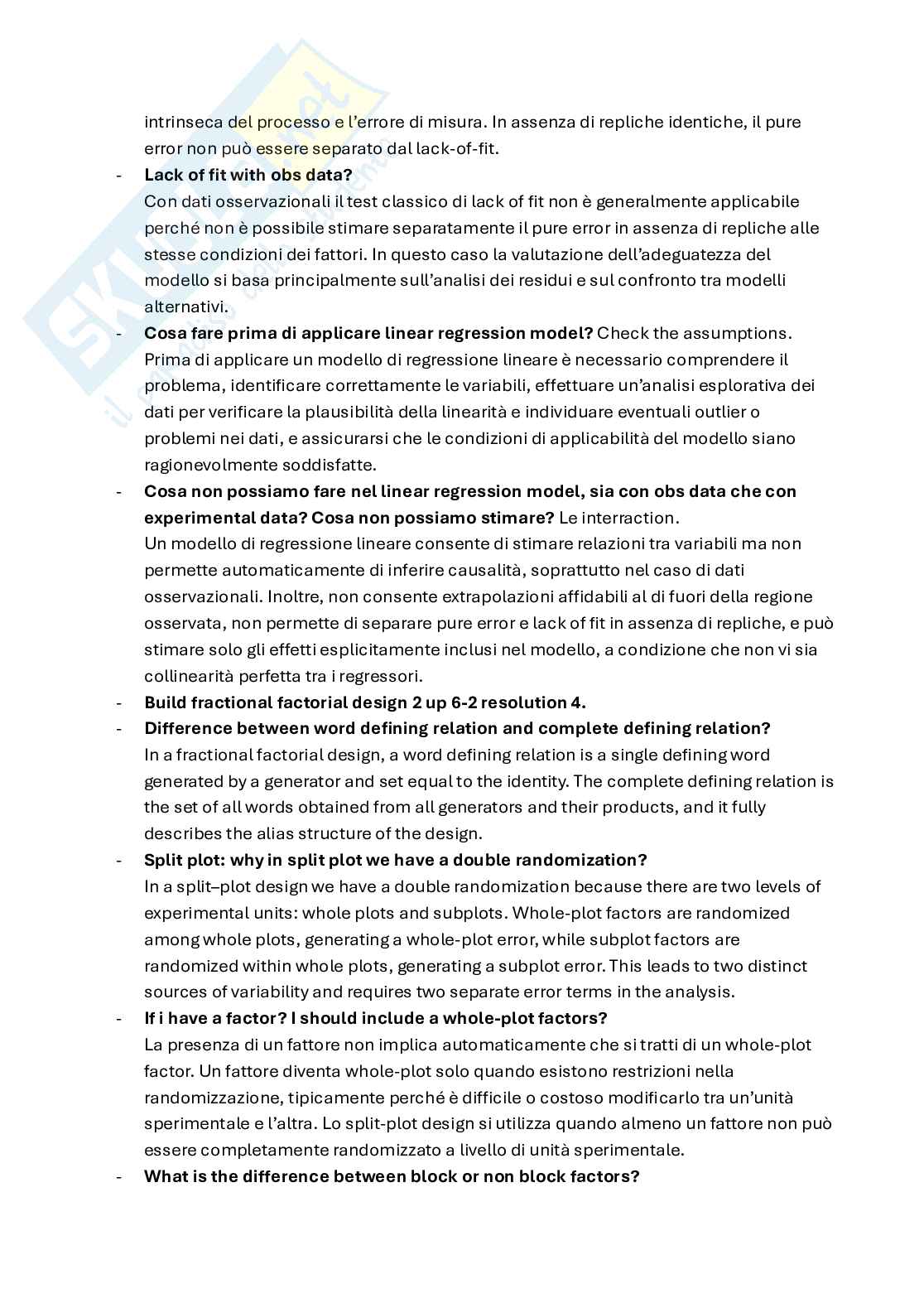 Domande orali Statistica per la sperimentazione e le previsioni in ambito tecnologico Pag. 2