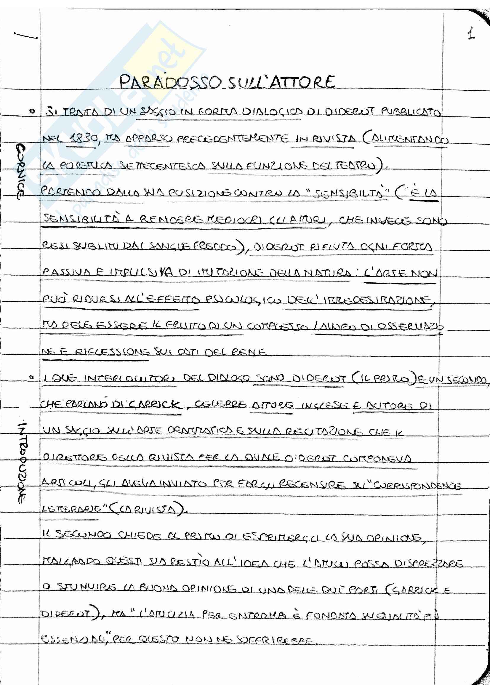 Appunti esame Il Lavoro dell'Attore, prof. Bellavia, libro consigliato Paradosso Sull'Attore, D.Diderot Pag. 1