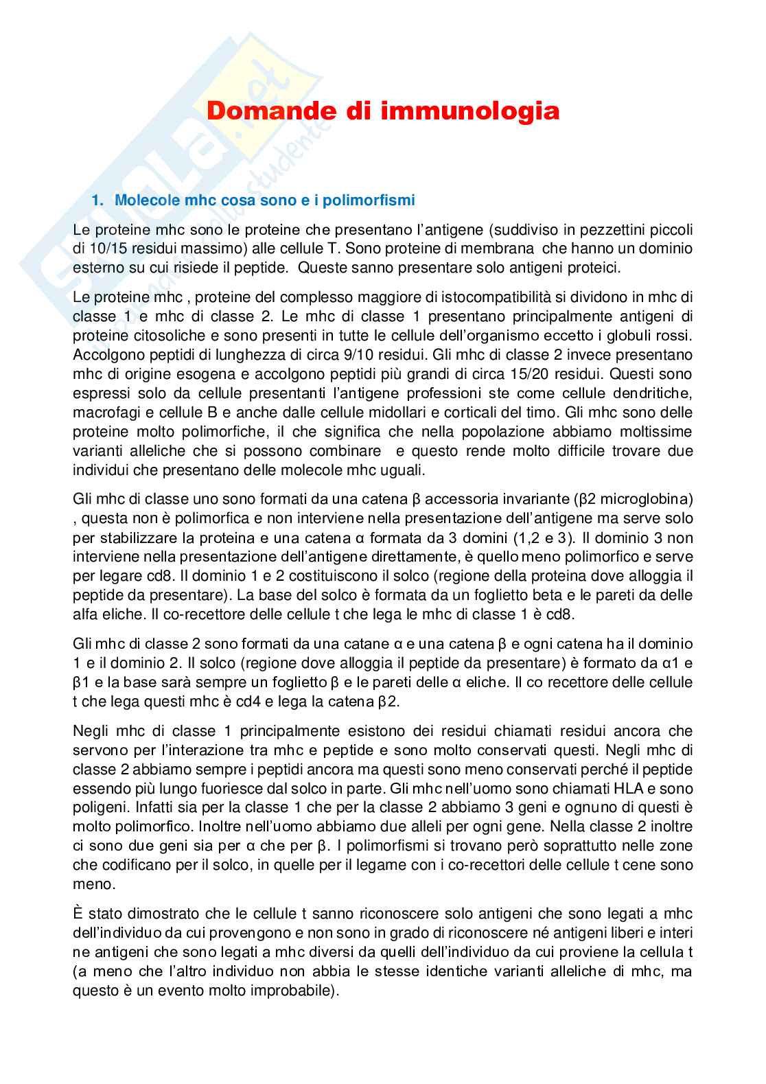 Domande di Immunologia e patologia Pag. 1